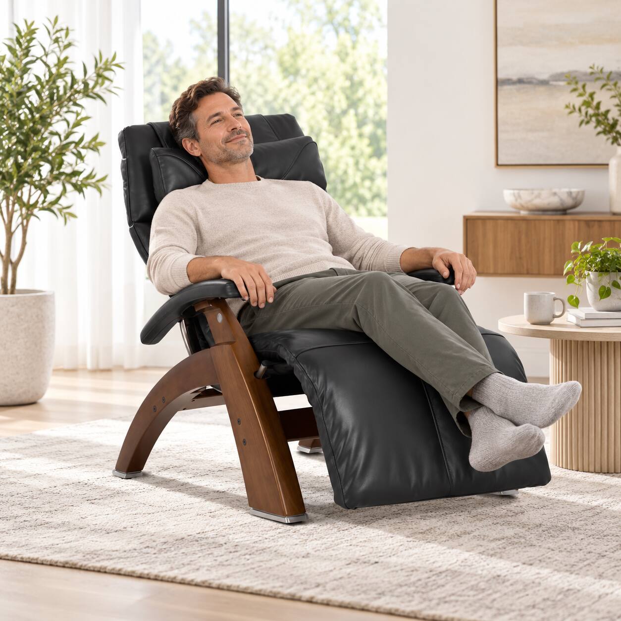 Alt View 5. Human Touch - Human Touch Perfect Chair PC-420 Classic Manual Plus Zero Gravity Chair Recliner with Solid Wood Base - Dark Walnut / Black SofHyde / Comfort.