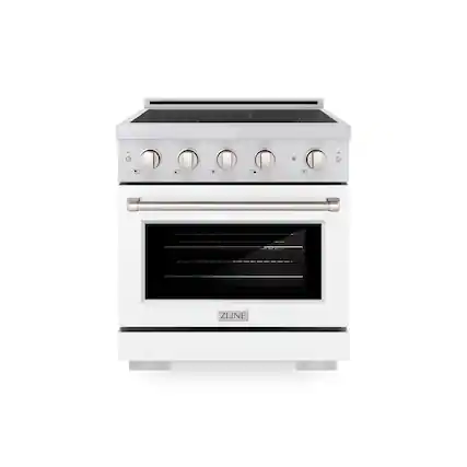 Front. ZLINE - 30 in. Wide 4 Elements 4.2 Cu.Ft. Paramount Freestanding Induction Range with Electric Oven in Satin Steel w/ White Door - Matte White.