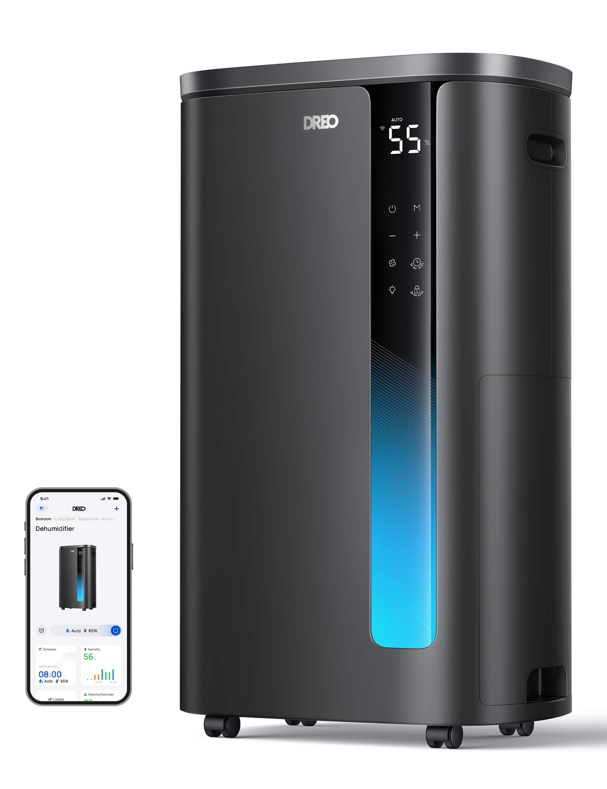 DREO - 73 pt. 2000 Sq. Ft. Smart Dehumidifier, 7L Water Tank, 3 Speed, 42db with Timer, ENERGY STAR, Continuous Drain - Black