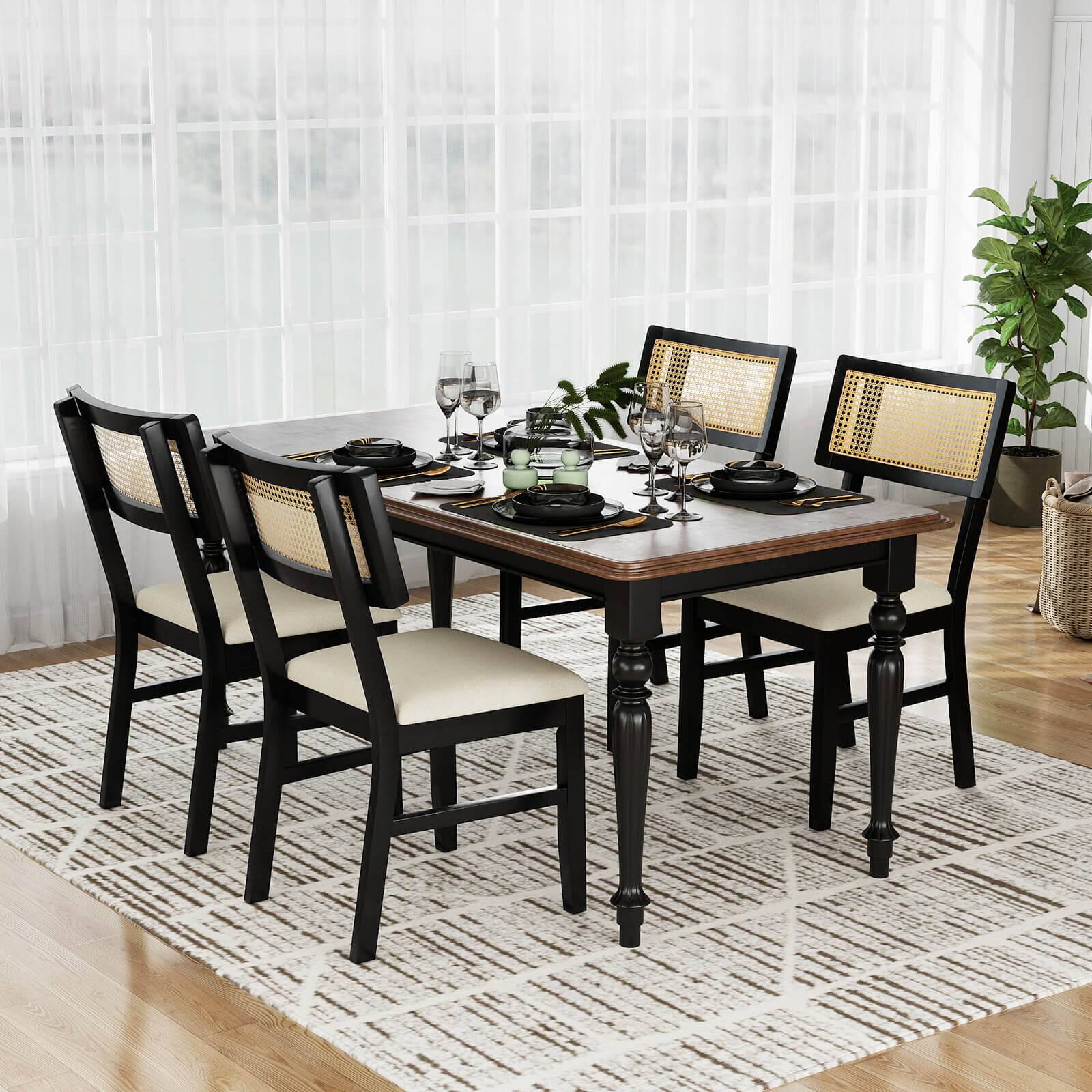 Alt View 3. Costway - Costway Rattan Dining Chairs Set of 4 with Padded Seat, Rubber Wood Legs & Curved Backrest - Black.