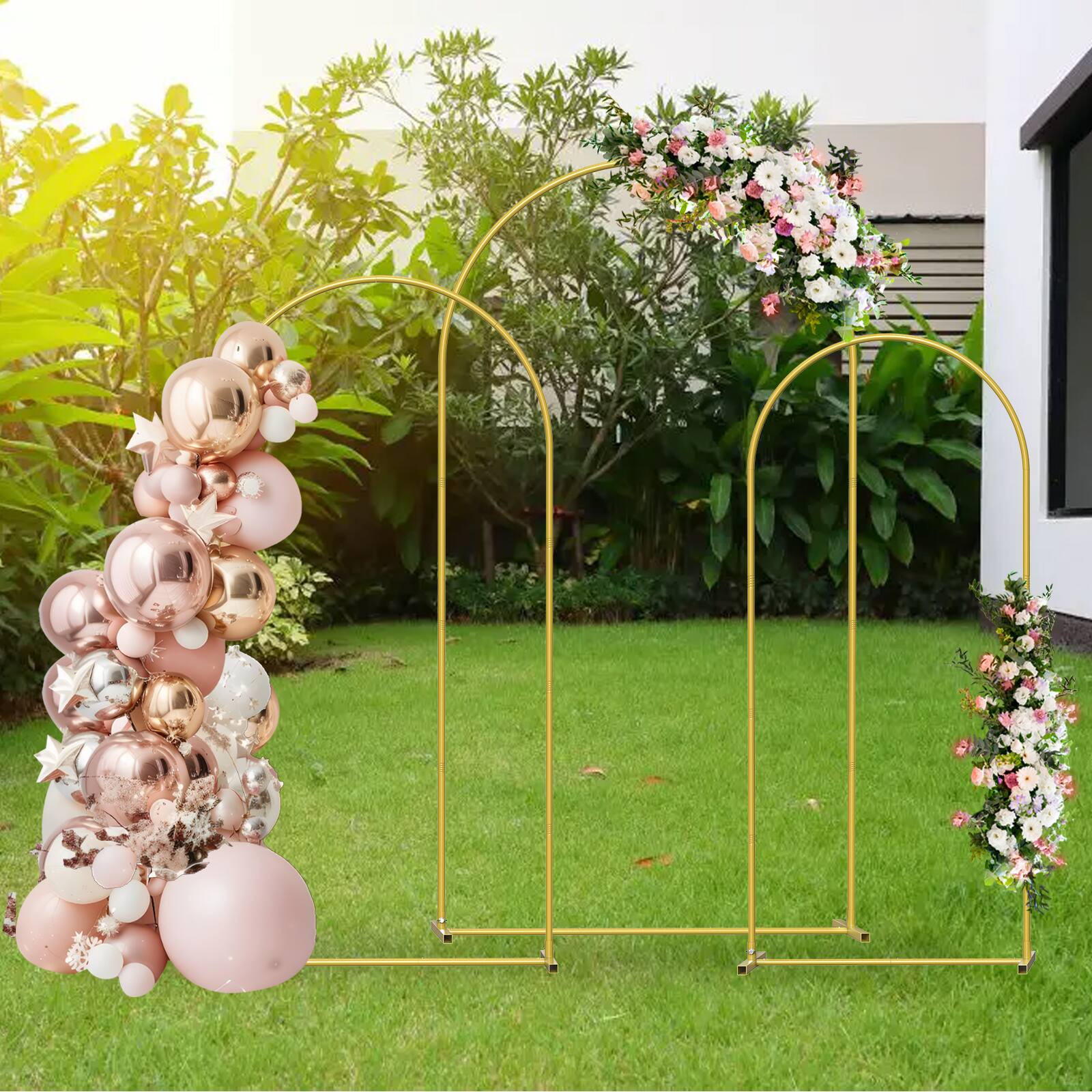 Angle. Oumilen - Set of 3 Gold Metal Arched Wedding Backdrop Stands (7.3FT+6.6FT+6FT) - Gold.