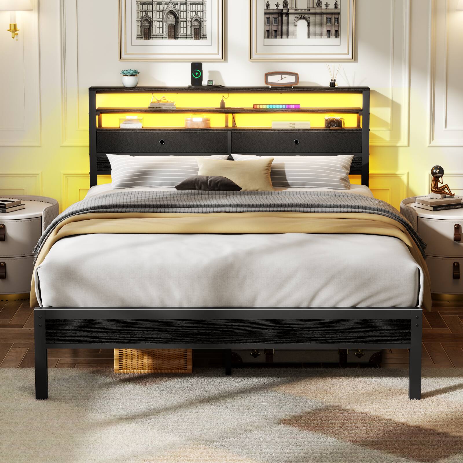Angle. Furnulem - Bed Frame With RGB Led Lights Bed With Headboard Charging Station Black Oack - Black.