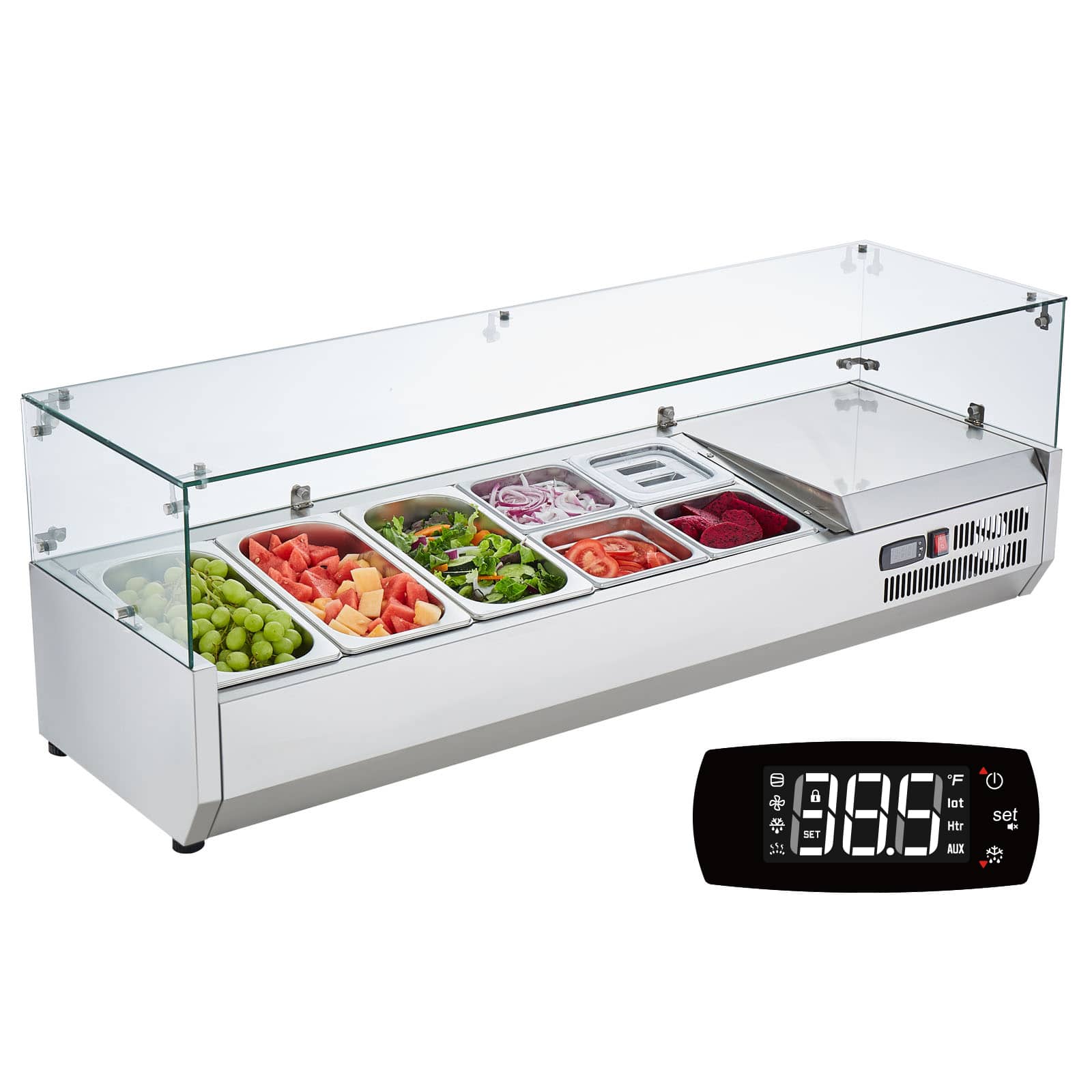 VEVOR - Refrigerated Condiment Prep Station, 140 W Countertop Refrigerated Condiment Station, with 3 1/3 Pans & 4 1/6 Pans - Silver