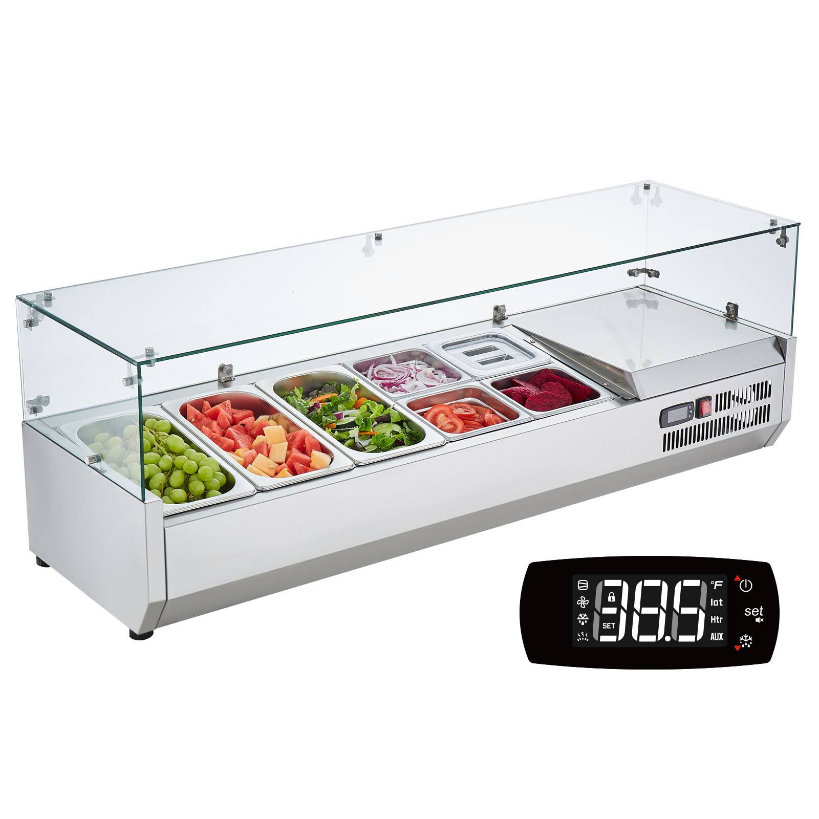 VEVOR - Refrigerated Condiment Prep Station, 140 W Countertop Refrigerated Condiment Station, with 3 1/3 Pans & 4 1/6 Pans - Silver