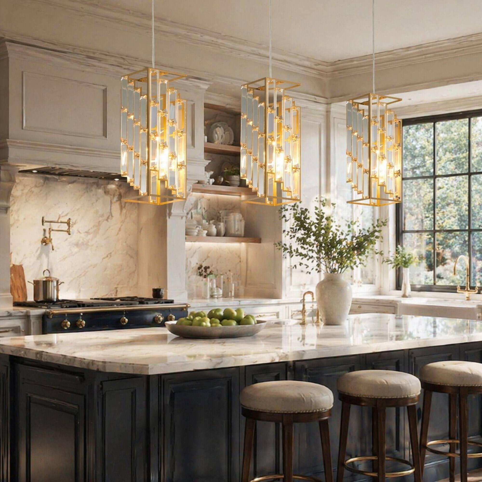 Angle. RYHNUYNE - Set of 3 Golden Crystal Pendant Lights with Adjustable Hanging Cords, Prism Glass Shades for Dining Room, Kitchen Island.