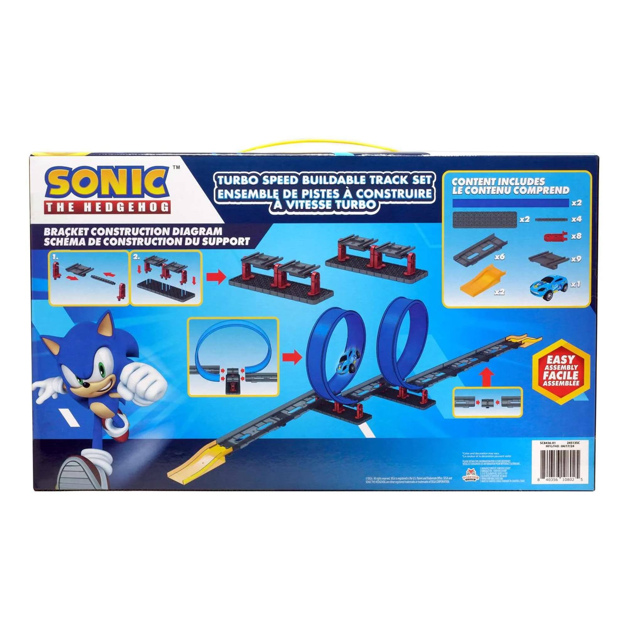 SONIC THE HEDGEHOG  
TURBO SPEED BUILDABLE TRACK SET  
ENSEMBLE DE PISTES À VITESSE TURBO CONSTRUIRE  

CONTENT INCLUDES  
LE CONTENU COMPREND  

BRACKET CONSTRUCTION DIAGRAM  
SCHEMA DE CONSTRUCTION DU SUPPORT  

x2  
x4  
x8  
x6  
x9  
x1  

EASY ASSEMBLY  
FACILE ASSEMBLÉE