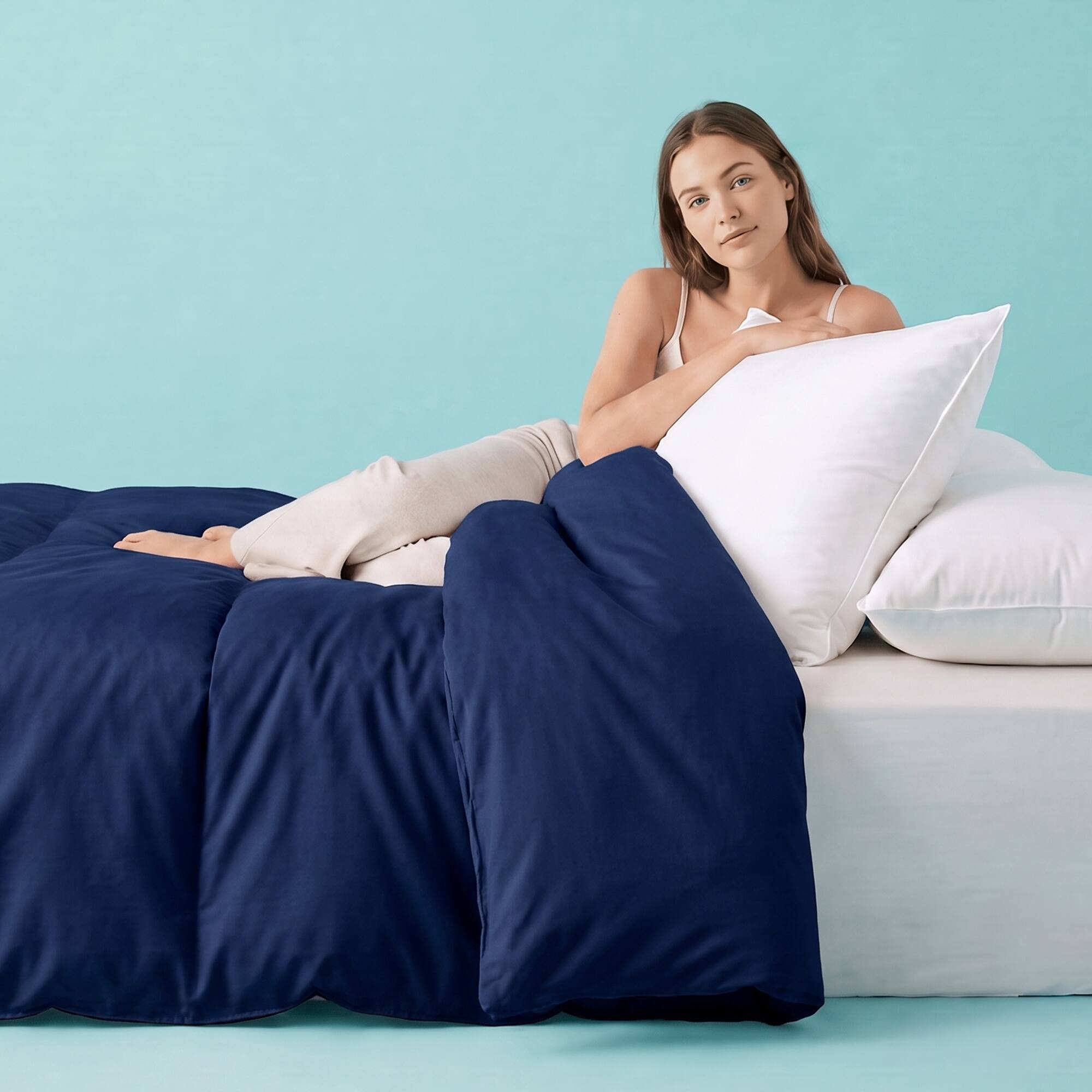 Alt View 3. Sleepgram - Sleepgram Supima 400 Thread Count Cotton Duvet Cover and Travel Bag, Queen, Blue - Dark Blue.
