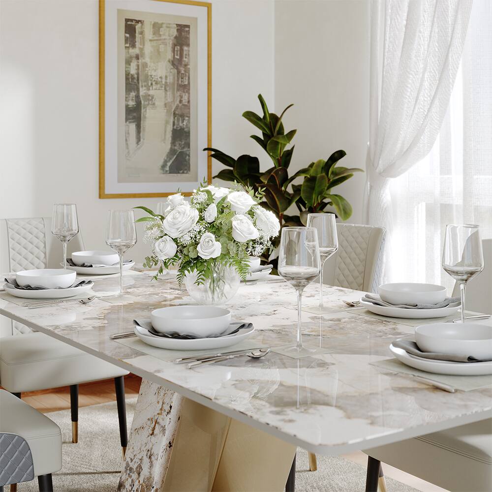 Back. POVISON - 71"Modern Luxury Glossy Gold Sintered Stone Rectangular Dining Table for 4-6, White & Gold Z-shaped Stainless Steel Base - Pandora & Gold.