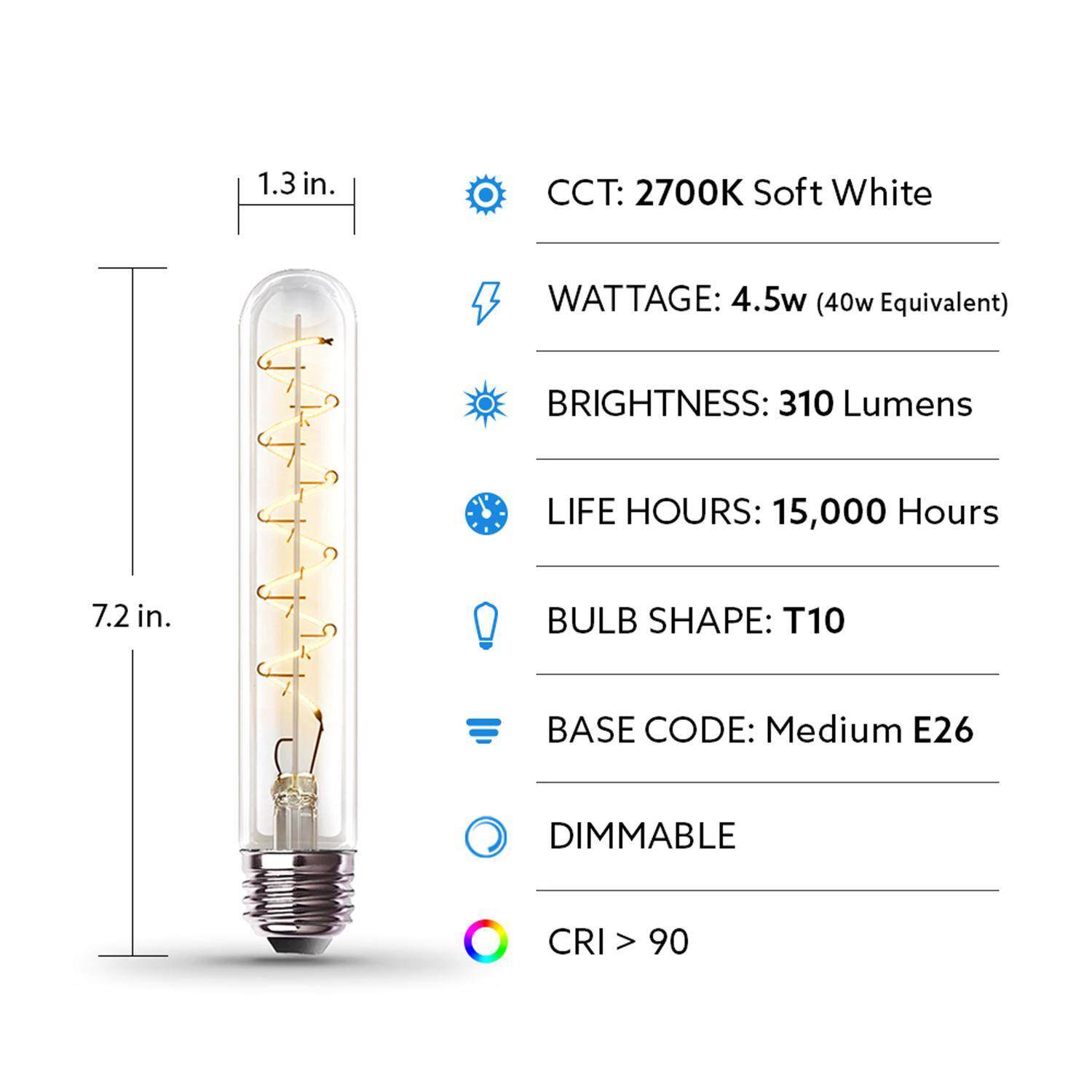 1.3 in.  
CCT: 2700K Soft White  
WATTAGE: 4.5w (40w Equivalent)  
BRIGHTNESS: 310 Lumens  
LIFE HOURS: 15,000 Hours  
7.2 in.  
BULB SHAPE: T10  
BASE CODE: Medium E26  
DIMMABLE  
CRI > 90