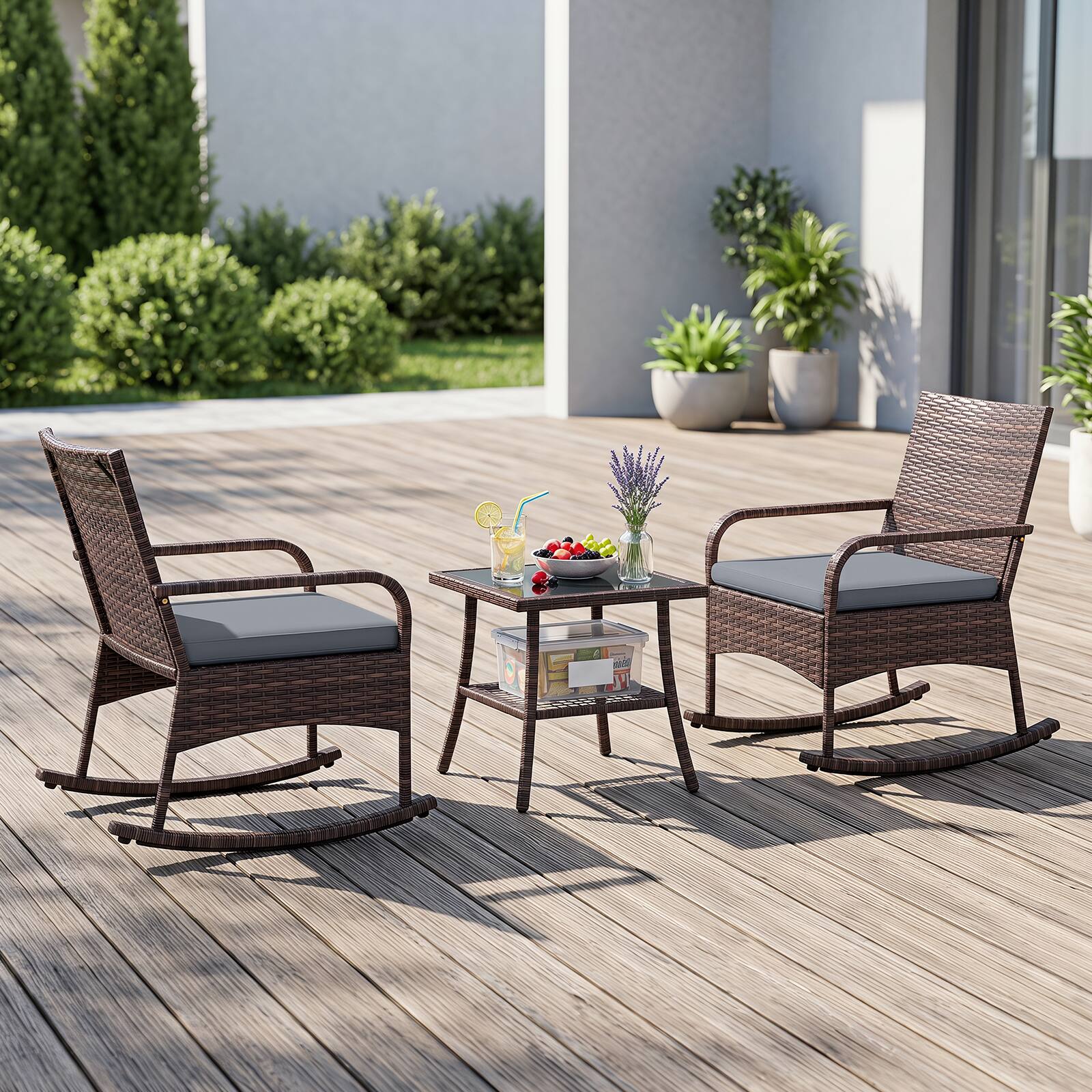 Alt View 3. Costway - Costway 3 PCS PE Wicker Rocking Bistro Set with 2-Tier Side Table, Cushions & Armchairs - Mix Brown+Gray.