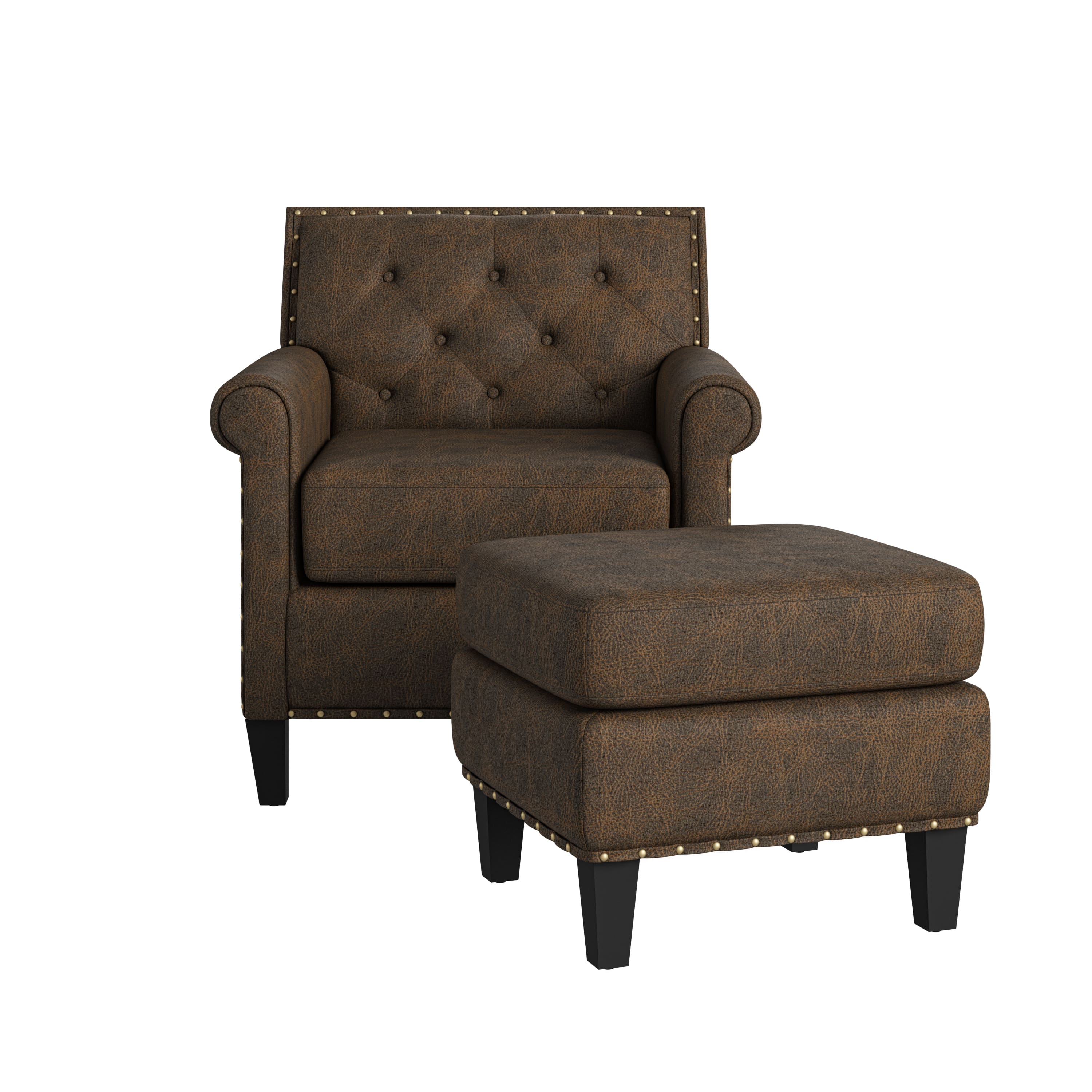 Front. Handy Living - Aviva Rolled Arm Distressed Faux Leather Traditional Arm Chair and Ottoman - Distressed Brown.