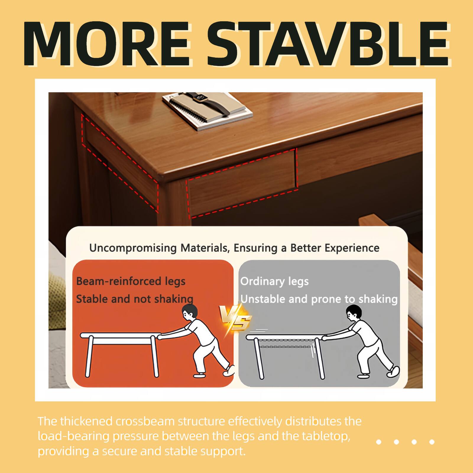 MORE STABLE

Uncompromising Materials, Ensuring a Better Experience

Beam-reinforced legs
Stable and not shaking

Ordinary legs
Unstable and prone to shaking

The thickened crossbeam structure effectively distributes the load-bearing pressure between the legs and the tabletop, providing a secure and stable support.