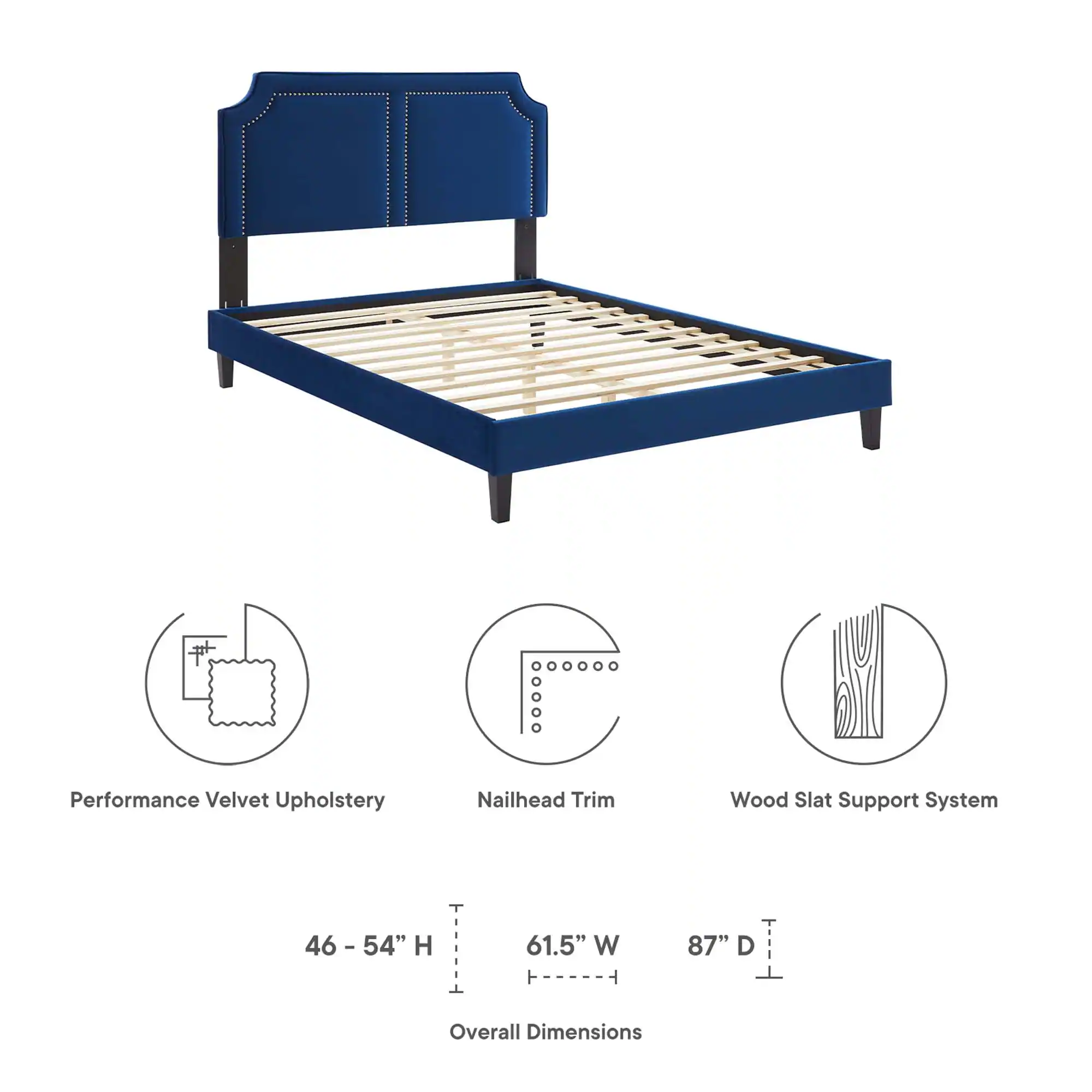 Performance Velvet Upholstery  
Nailhead Trim  
Wood Slat Support System  

Overall Dimensions:  
46 - 54" H  
61.5" W  
87" D