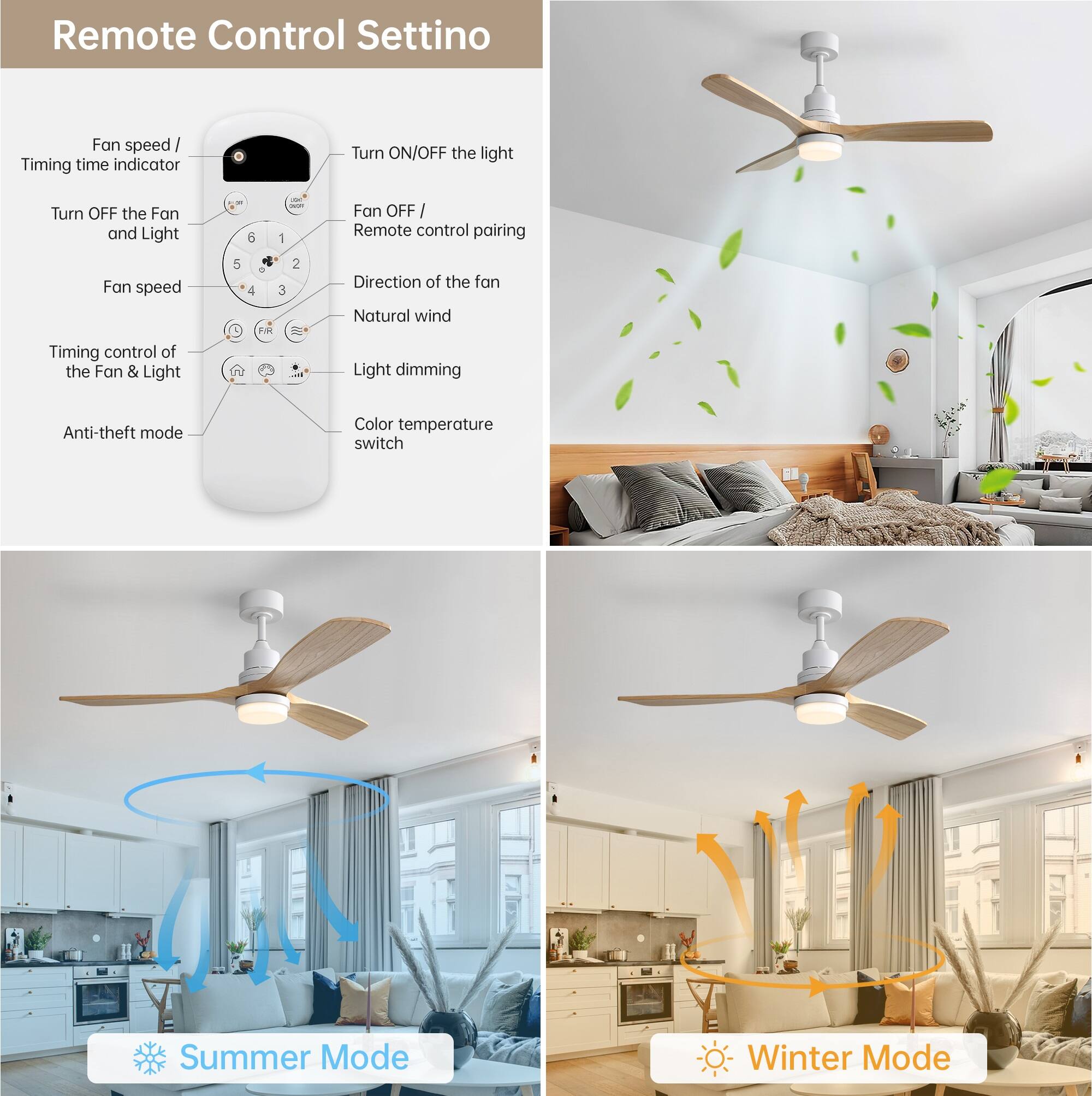 Remote Control Setting

- Fan speed / Timing time indicator
- Turn OFF the Fan and Light
- Fan speed
- Timing control of the Fan & Light
- Anti-theft mode
- Turn ON/OFF the light
- Fan OFF / Remote control pairing
- Direction of the fan
- Natural wind
- Light dimming
- Color temperature switch
- Summer Mode
- Winter Mode