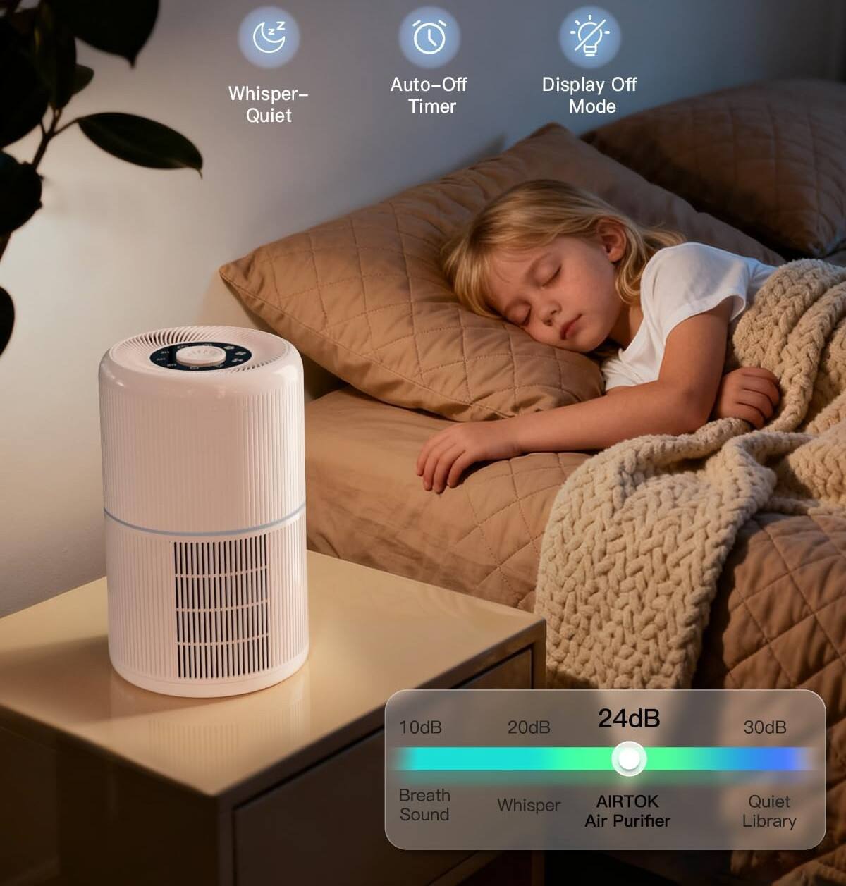 Whisper-Quiet Auto-Off Timer Display Off Mode  
10dB 20dB 24dB 30dB  
Breath Sound Whisper  
AIRTOK Air Purifier Quiet Library