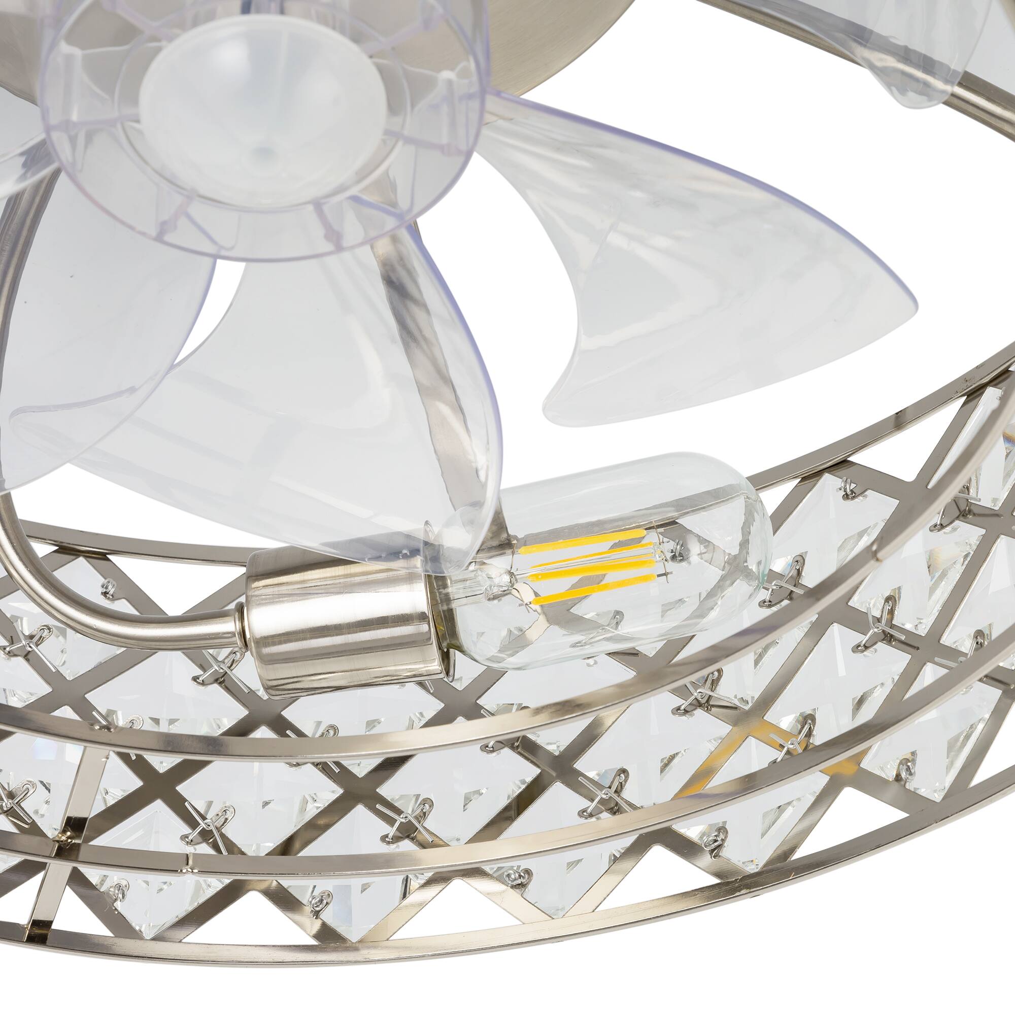 Alt View 6. Breezary - 19-Inch Ceiling Fan with Crystal Cage Shade, 7 Transparent ABS Blades, DC Motor, 6-Speed Remote Control, Timer, E26 Base - Satin Nickel.