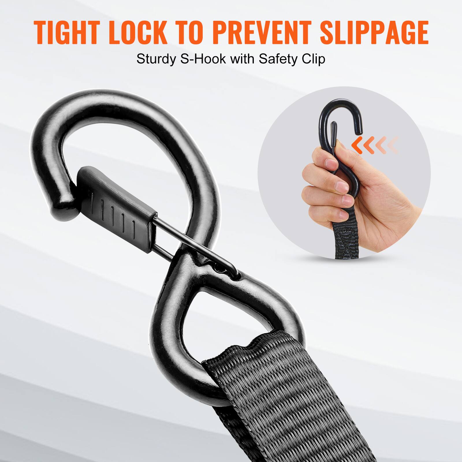 TIGHT LOCK TO PREVENT SLIPPAGE  
Sturdy S-Hook with Safety Clip