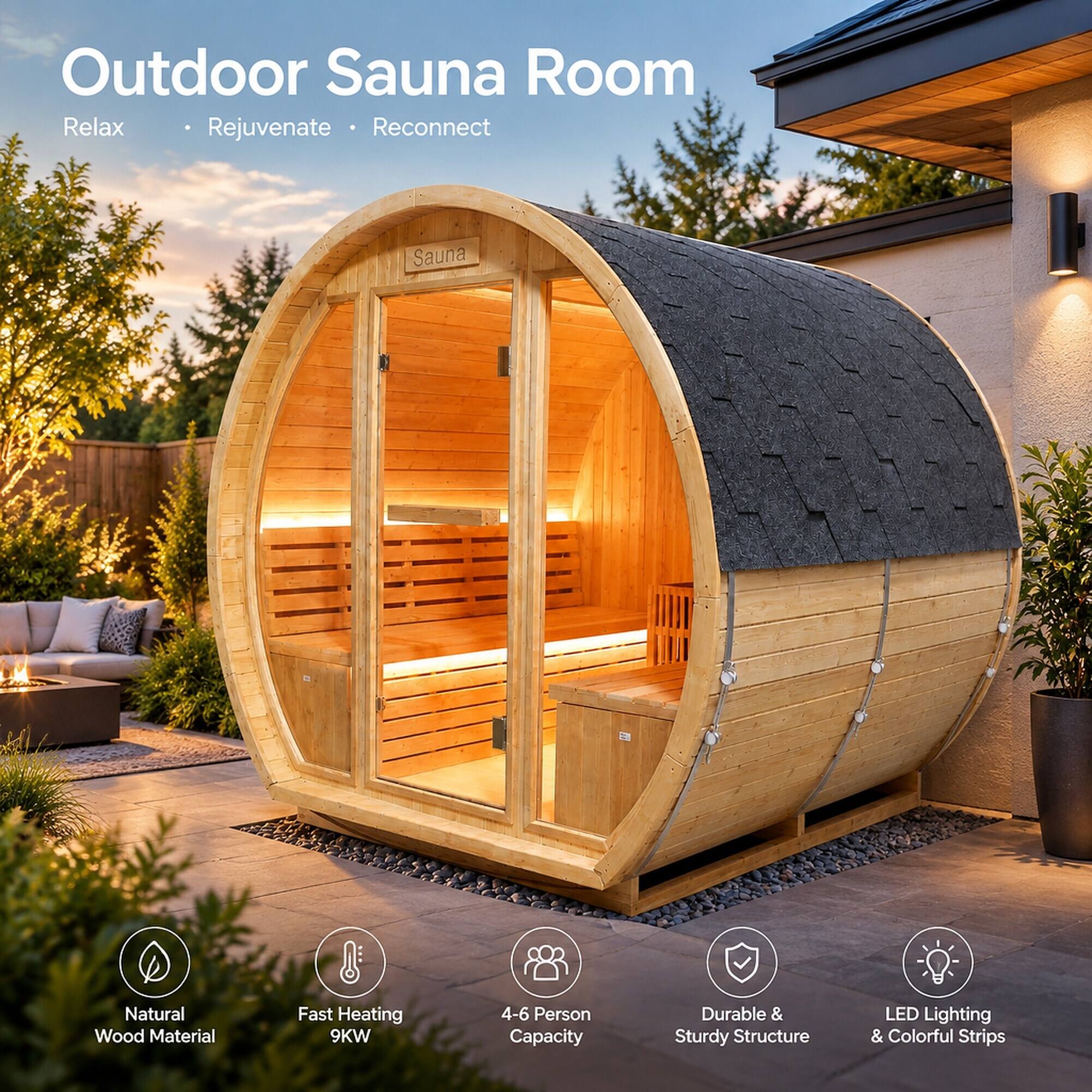 Outdoor Sauna Room  
Relax • Rejuvenate • Reconnect  

Sauna  

Natural Wood Material  
Fast Heating 9KW  
4-6 Person Capacity  
Durable & Sturdy Structure  
LED Lighting & Colorful Strips