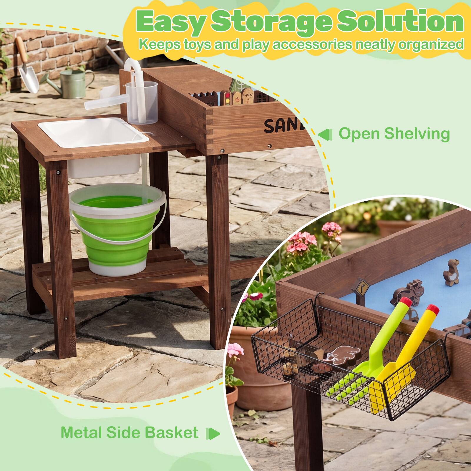 Easy Storage Solution  
Keeps toys and play accessories neatly organized

SAN  
Open Shelving  
Metal Side Basket