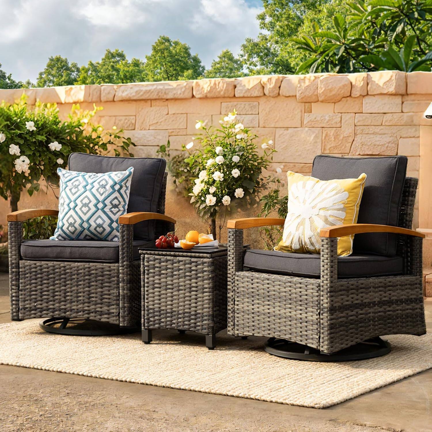 Front. Yardgrace - 3-Piece Outdoor Swivel Rocking Chairs Set, 360° Patio Furniture with Wood Armrests & Side Table for Deck Yard Poolside - Grey.