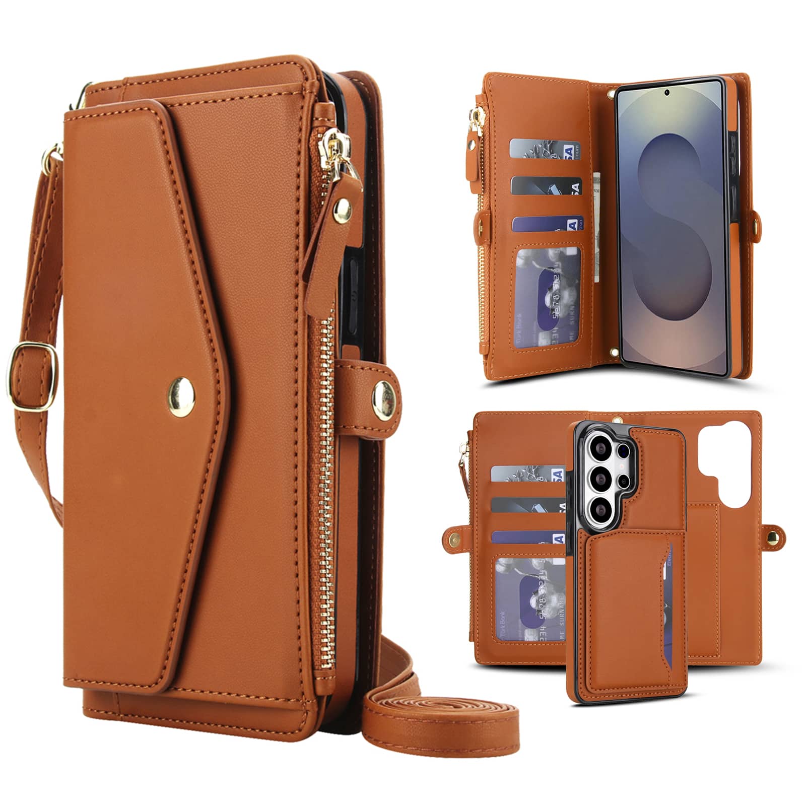 UUCOVER - Magnetic Leather Detachable Zipper Wallet RFID Blocking Case for Samsung Galaxy S26 Ultra+Shoulder Strap / Wrist Strap - Brown