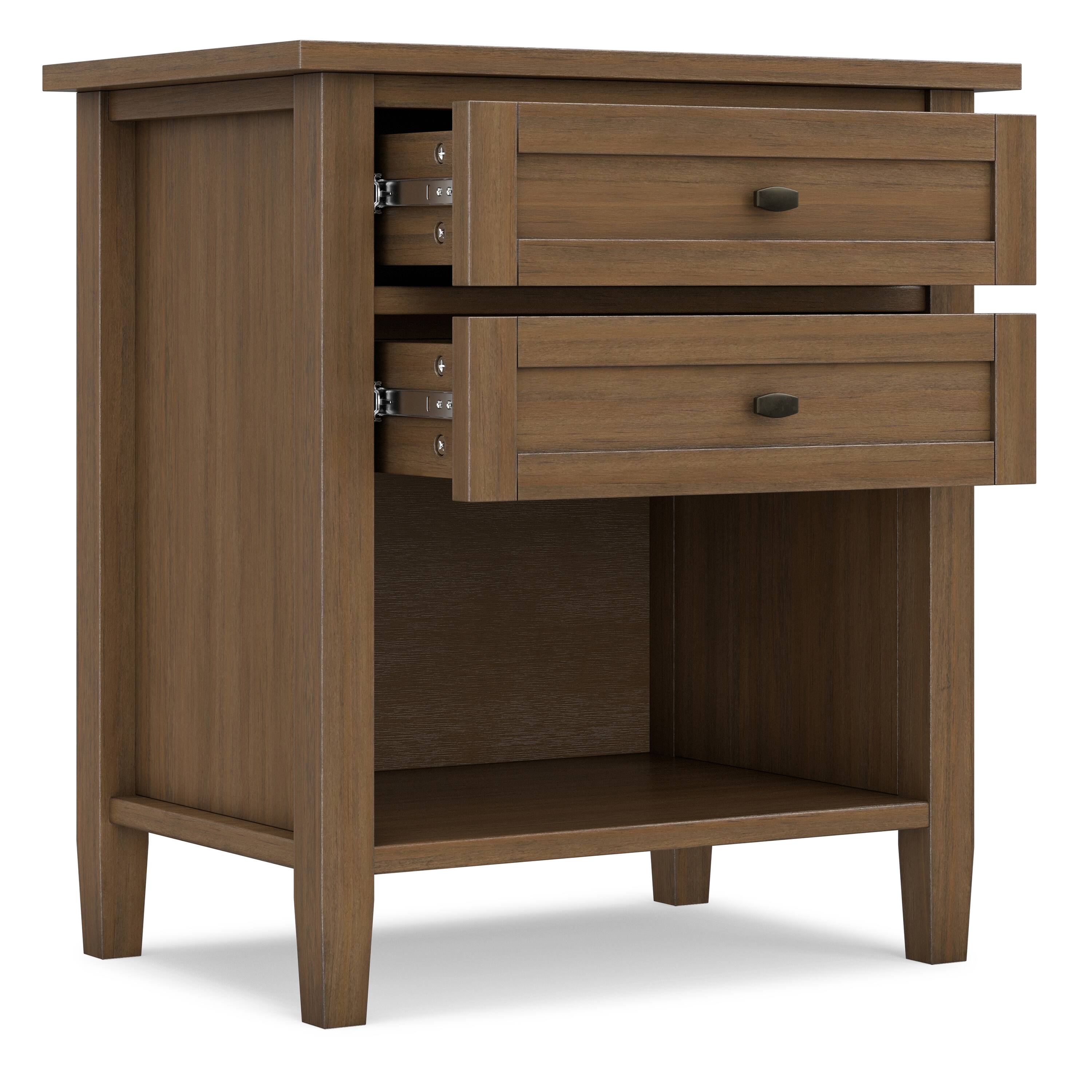 Left. Simpli Home - Warm Shaker Solid Wood 24 inch Wide Transitional Nightstand in Rustic Natural Aged Brown - Rustic Natural Aged Brown.
