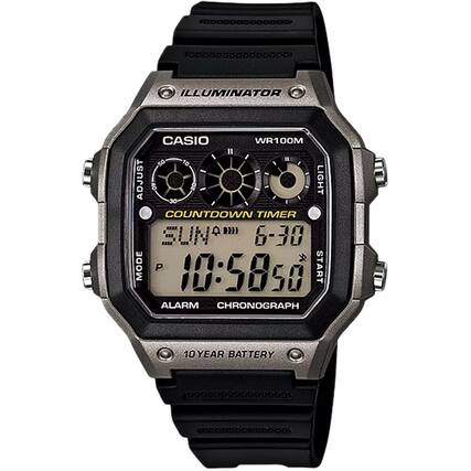 ILLUMINATOR
CASIO WR100M
LIGHT
ADJUST
COUNTDOWN TIMER
SUN 6-30
MODE P
10:58:50
START
ALARM
CHRONOGRAPH
10 YEAR BATTERY