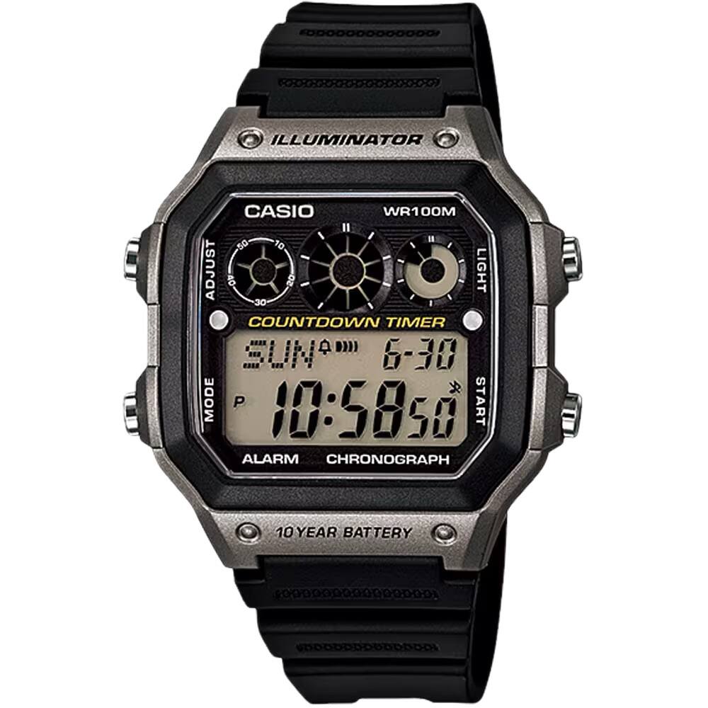 ILLUMINATOR  
CASIO WR100M  
LIGHT  
ADJUST  
COUNTDOWN TIMER  
SUN 6-30  
MODE P  
10:58:50  
START  
ALARM  
CHRONOGRAPH  
10 YEAR BATTERY