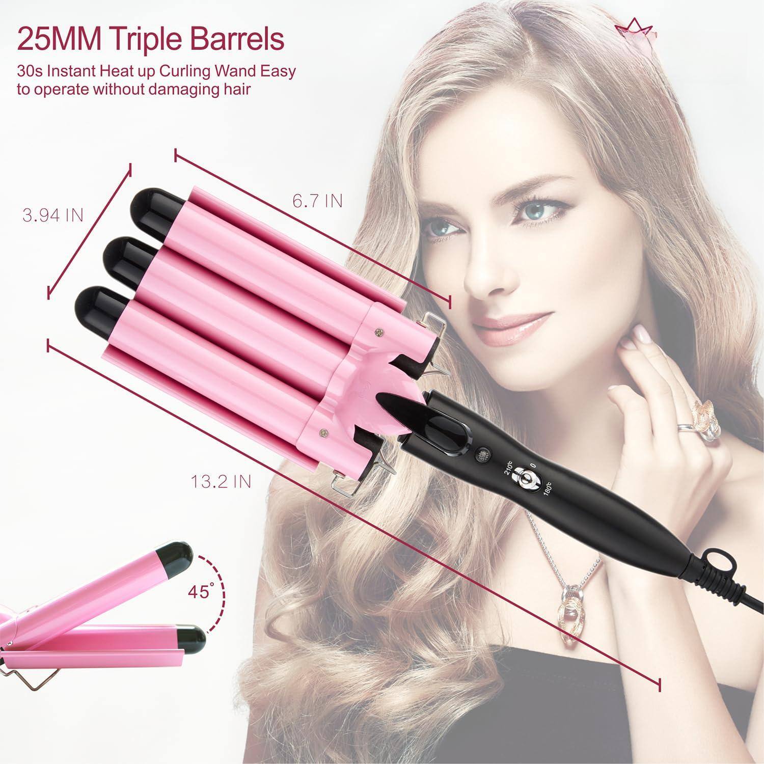 25MM Triple Barrels  
30s Instant Heat up Curling Wand Easy to operate without damaging hair  

3.94 IN  
6.7 IN  
13.2 IN  
45°