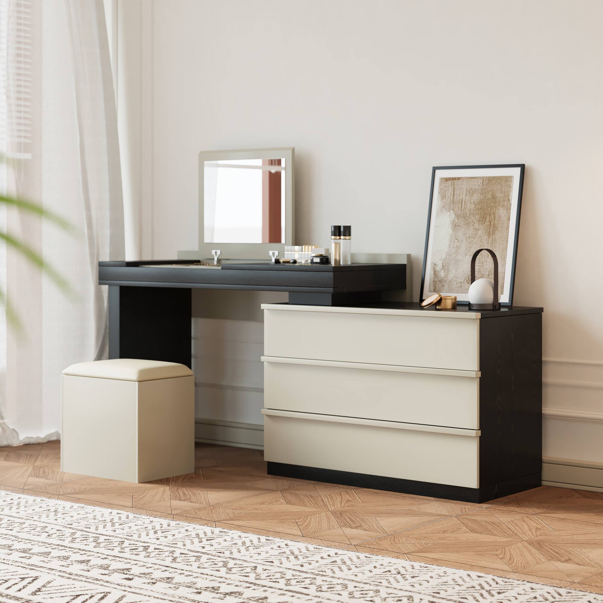 Left. luck idea - Modern Expandable Countertop Vanity with Hidden Mirror, Storage Drawers and Dressing Stool - Black.