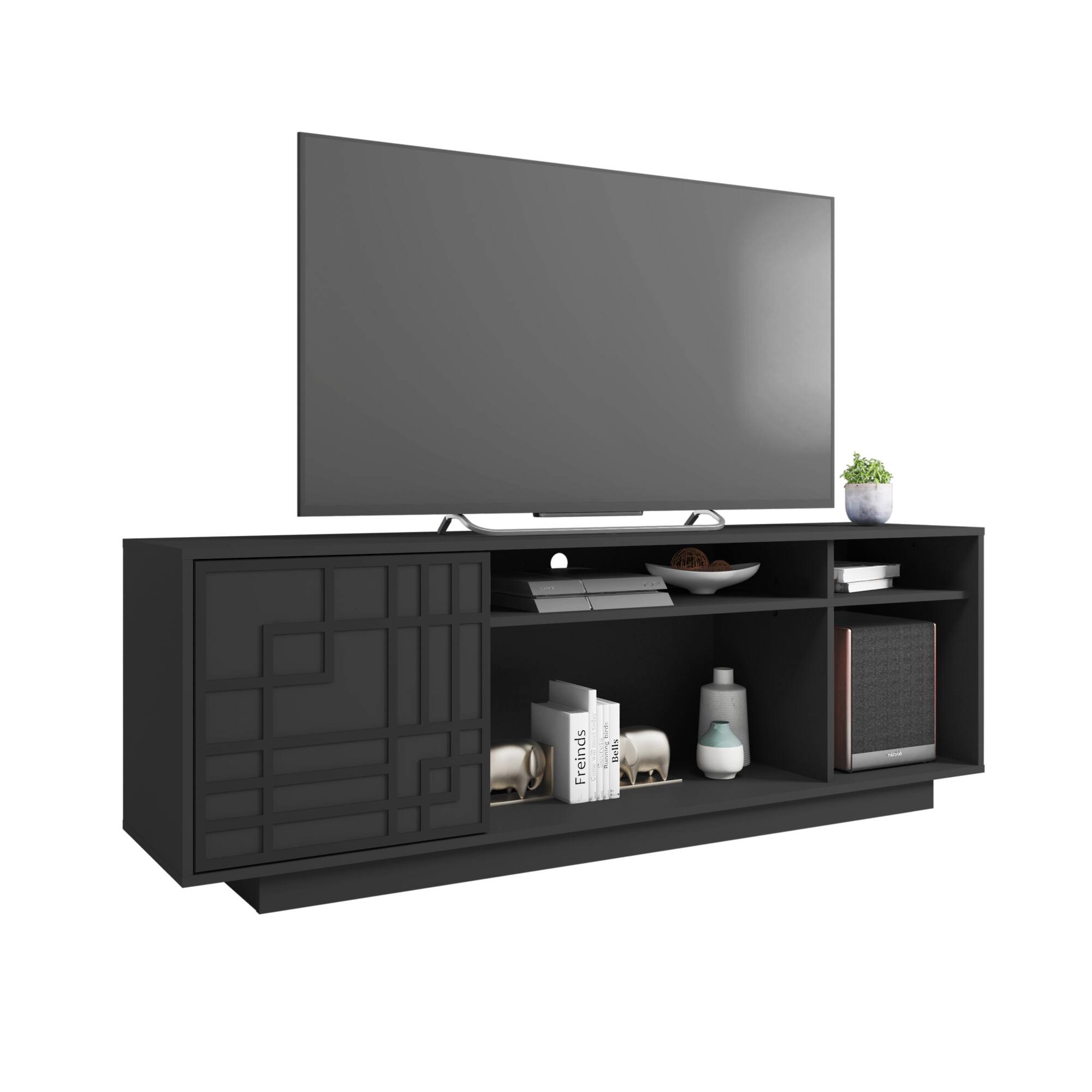 Angle. GOODSILO - Contemporary TV Stand with Concealed Storage and Open Shelving for TVs Up to 70 Inches - Black.
