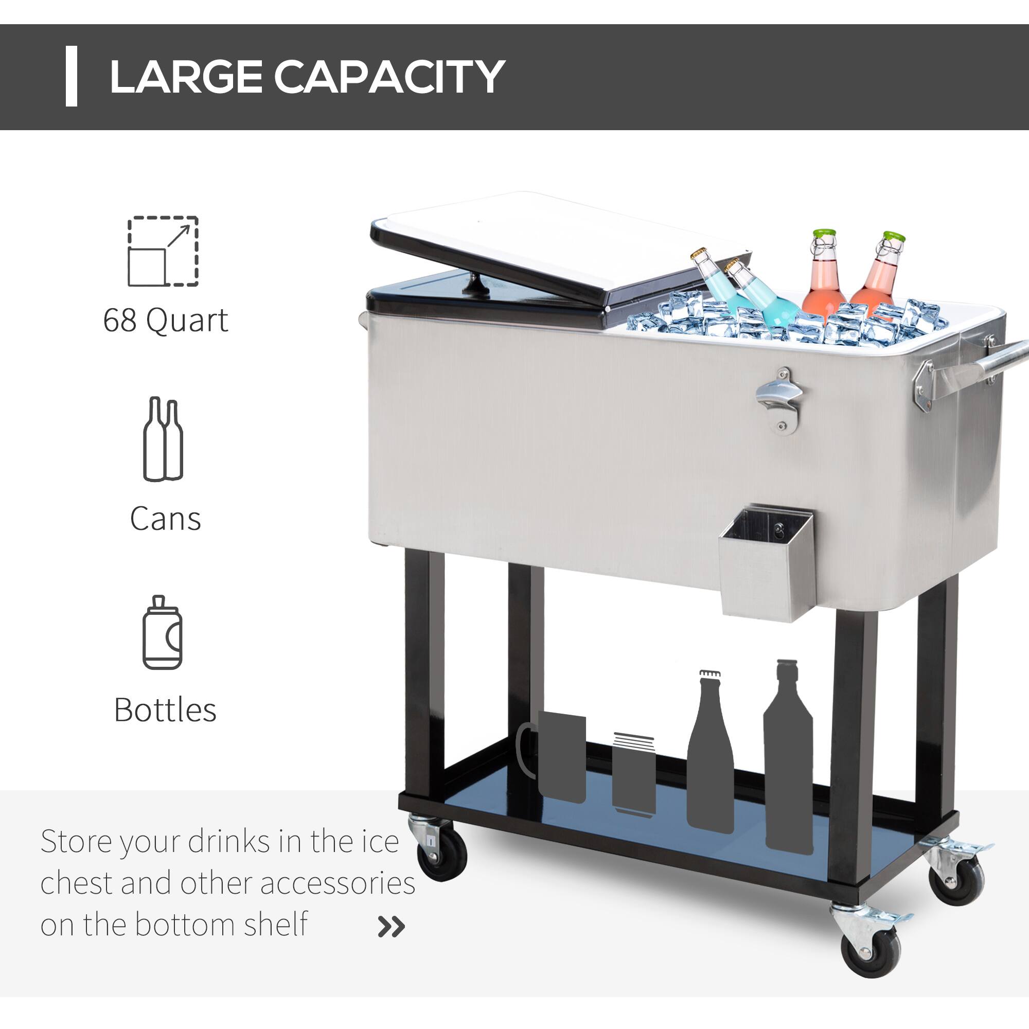 LARGE CAPACITY

68 Quart

Cans

Bottles

Store your drinks in the ice chest and other accessories on the bottom shelf