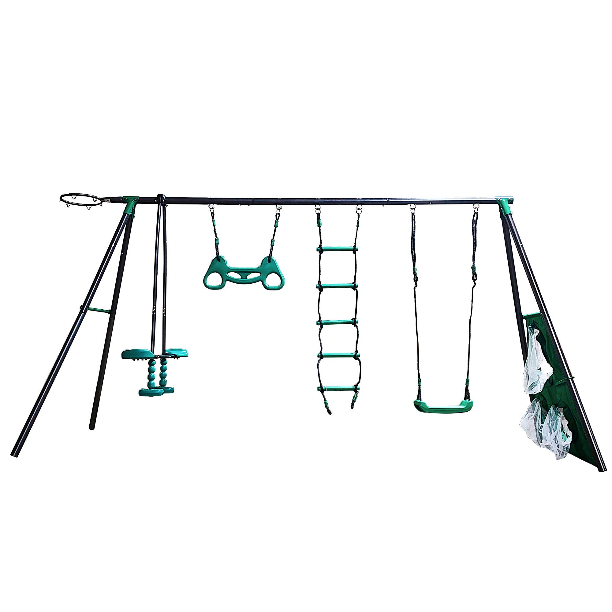 Alt View 6. Loheer - 12.6 ft Four Function Swing Set with Face-to-Face Seat, Climbing Ladder and Sports Play - Blackish Green.