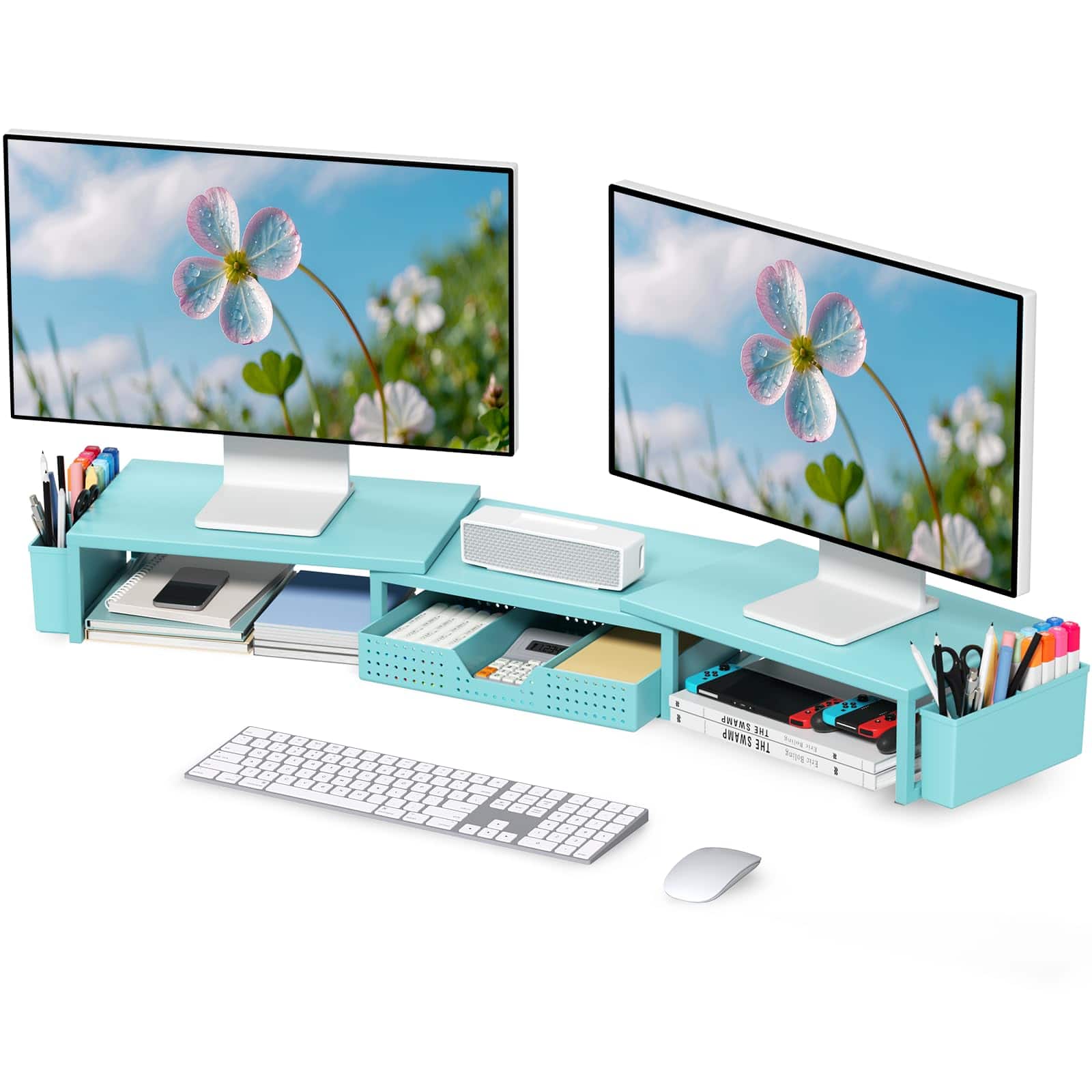 Cedar Assembly - Dual Monitor Stand Riser Metal Desk Organizers And Accessories With Drawer 2 Pen Holders Computer For - Metal Blue With drawer and pen holder