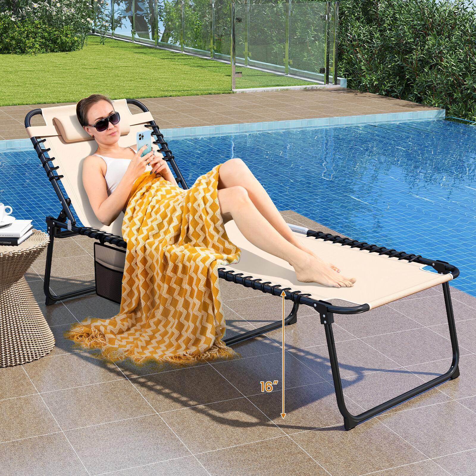 Alt View 1. Gymax - Gymax Oversize Folding Chaise Lounge w/ Adjustable Backrest Detachable Pillow Pocket Beige - Beige.