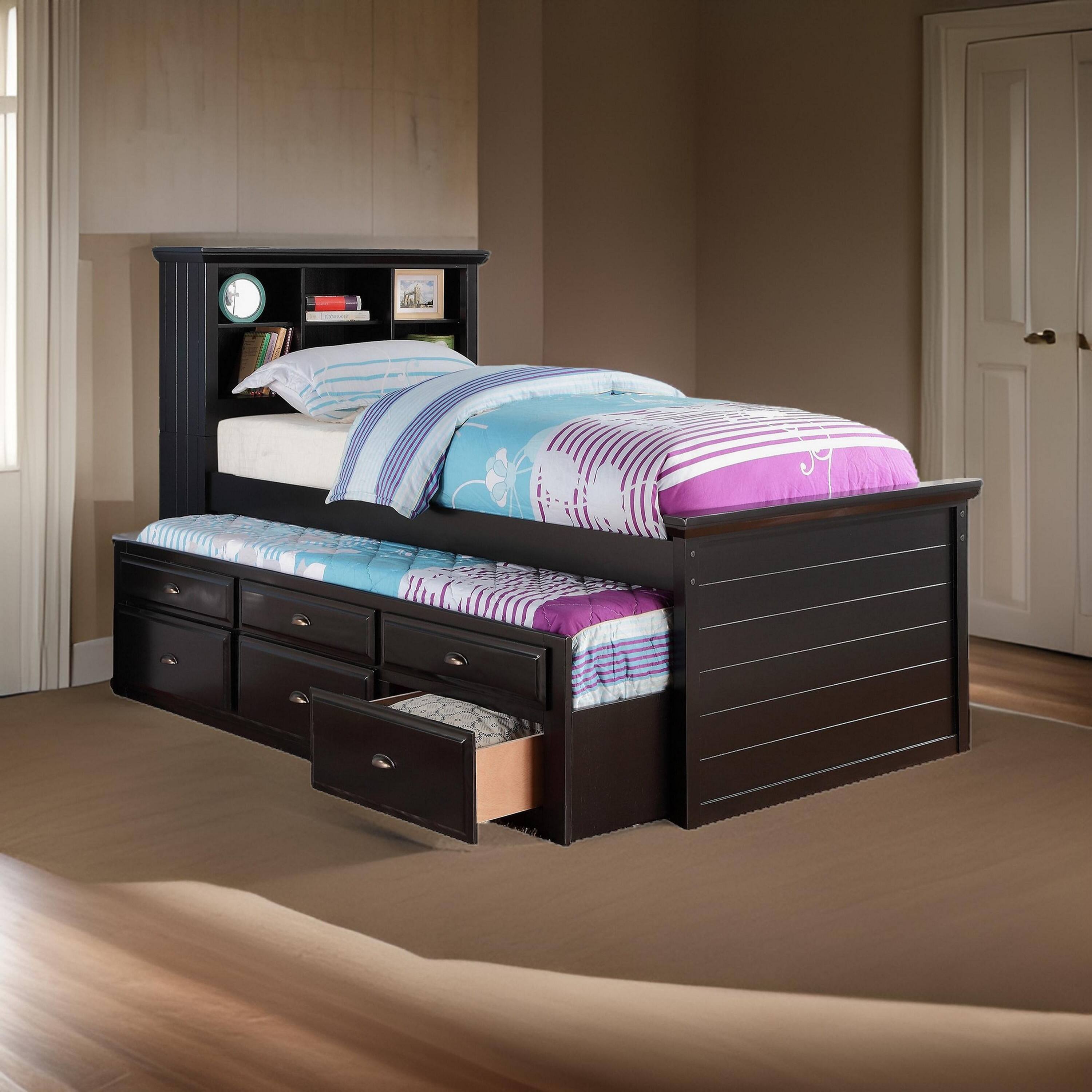 Alt View 5. Manhattan Lane - Toni Twin Size Trundle Bed with 6 Drawers, Bookcase Headboard, Black Wood - Black.
