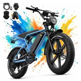 Hover Heart - 20" Fat Tire Electric Mountain Bike 1500W Peak Motor 48V 15Ah 20MPH Full Suspension Hydraulic Disc Brakes Long Range - 61 - Blue