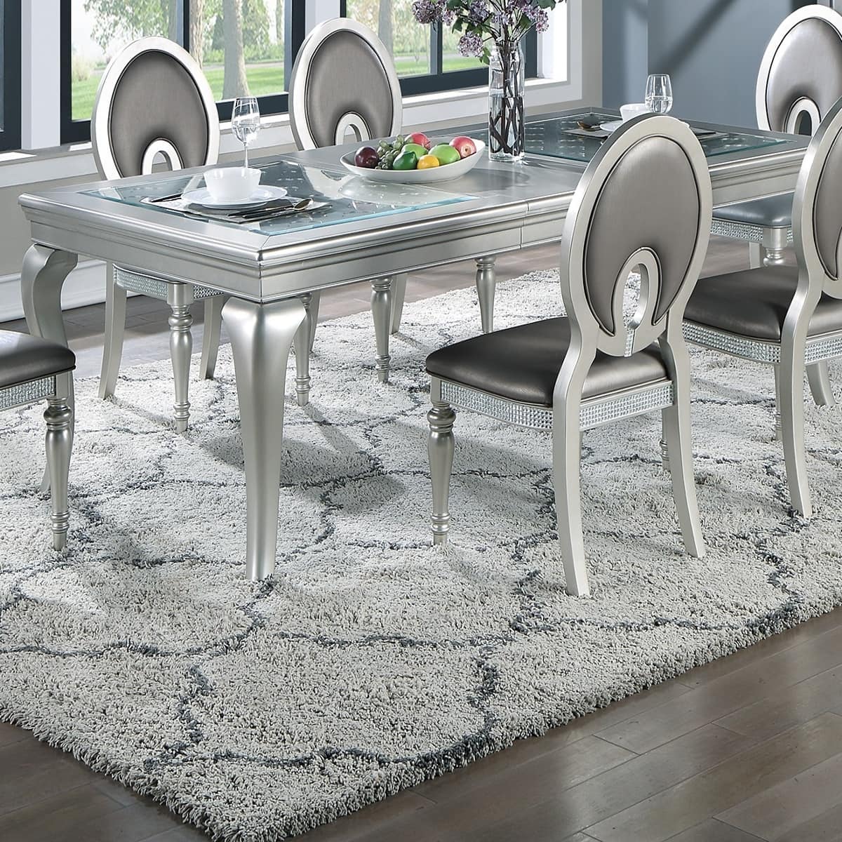 Loheer - Silver Rectangular Dining Table With Glass Insert Top and Extension Leaf - Champagne and silver