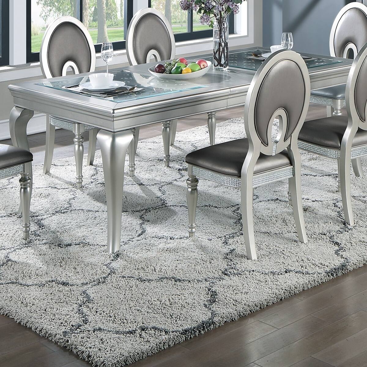 Loheer Silver Rectangular Dining Table With Glass Insert Top and ...
