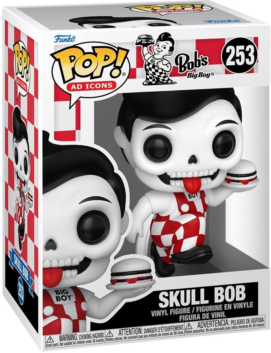Sure, here is the corrected and grouped text from the image:

---

**Funko POP! AD ICONS**

**253**

**Bob's Big Boy**

**SKULL BOB**

**VINYL FIGURE / FIGURINE EN VINYLE / FIGURA DE VINIL**

**WARNING: CHOKING HAZARD. Small parts. Not suitable for children under 36 months.**

**ATTENTION: DANGER D'ÉTOUFFEMENT. Petites pièces. Ne convient pas aux enfants de moins de 36 mois.**

**ADVERTENCIA: PEIGRO DE ASFIXIA. Partes pequeñas. No es adecuado para niños menores de 36 meses.**

---

This text is organized to reflect the information on the packaging accurately.