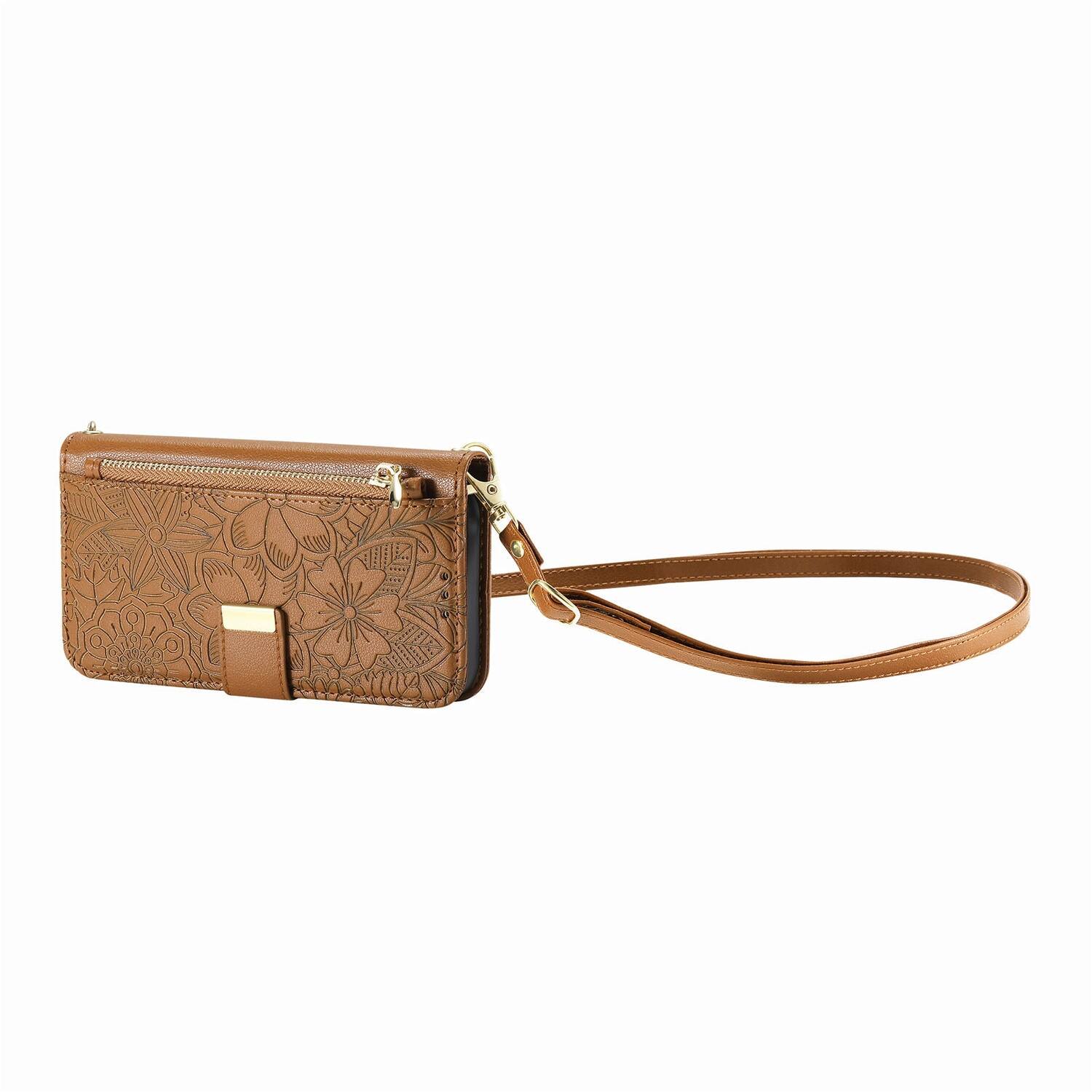 Alt View 2. Dteck - Floral Embossed Leather Zipper Cash Slot Wallet Case for Apple iPhone 16 Plus with Detachable Strap - Brown.