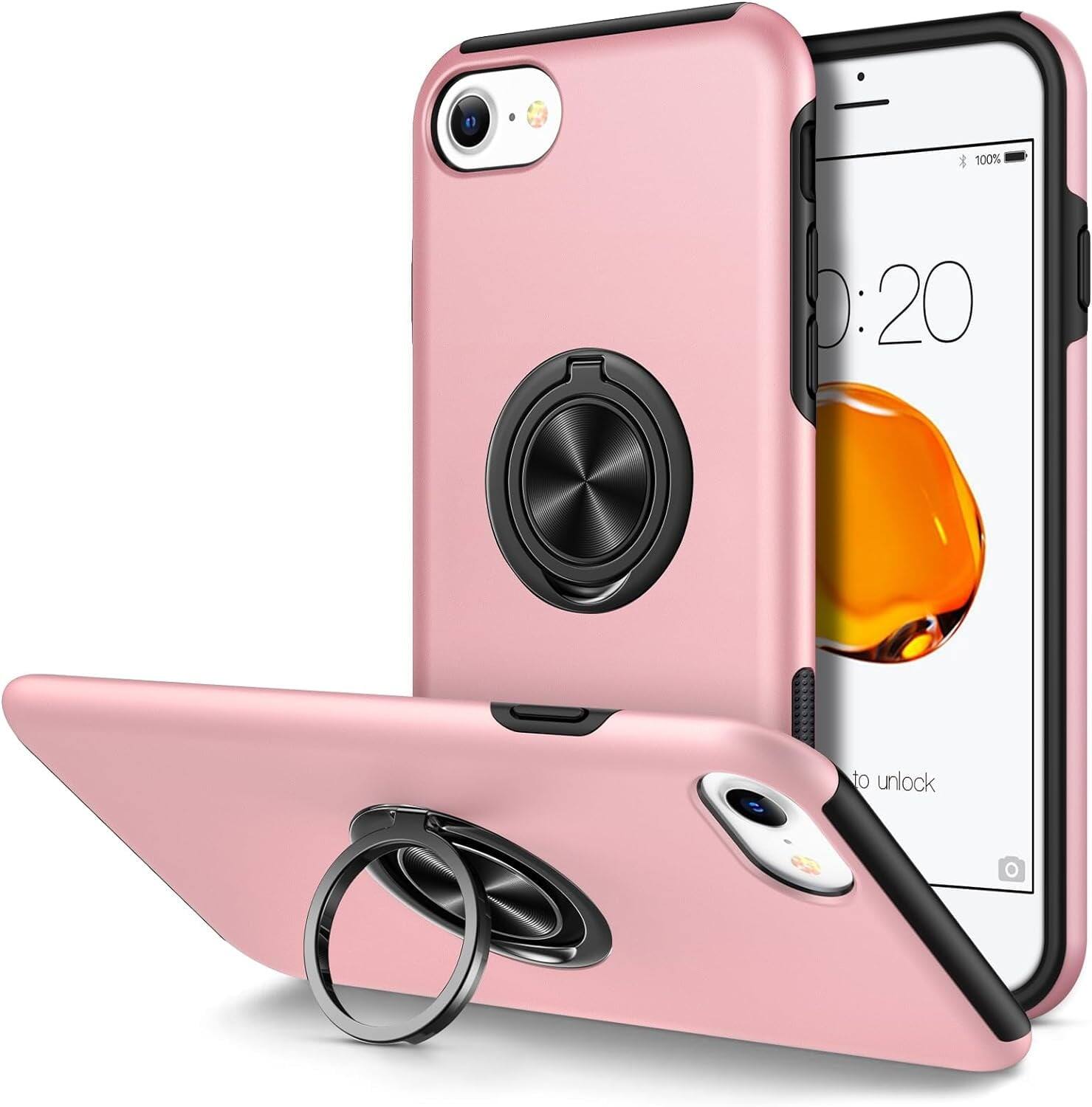 Entronix - 360° Circular Ring Gripstand Case for iPhone SE/8/7 - Ultimate Protection and Style - Pink