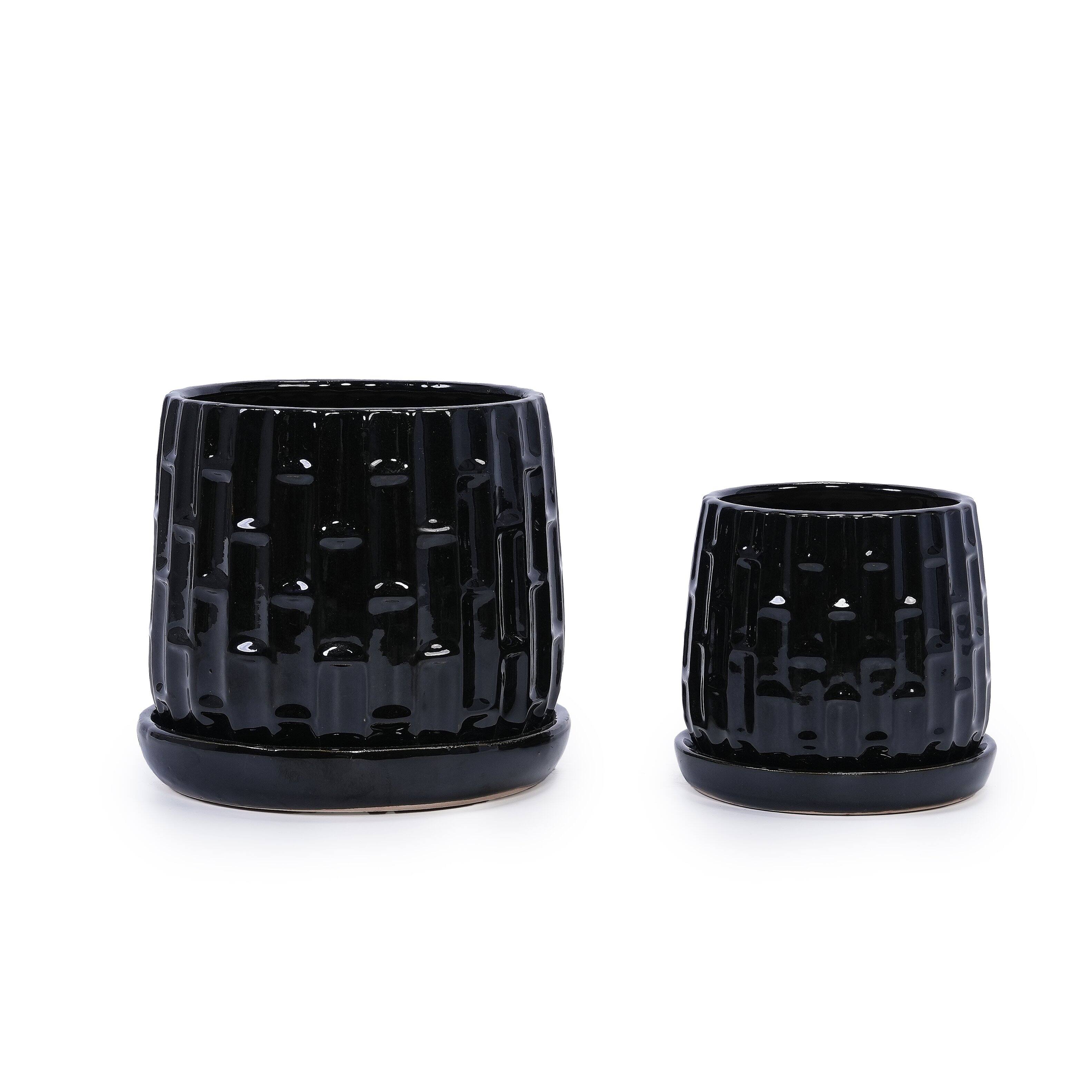 Left. Loheer - Loheer Ceramic Orchid Pot Set, Handmade Black Planter with Saucer, Breathable Clay, Groove Pattern, 6 and 8 Inch.