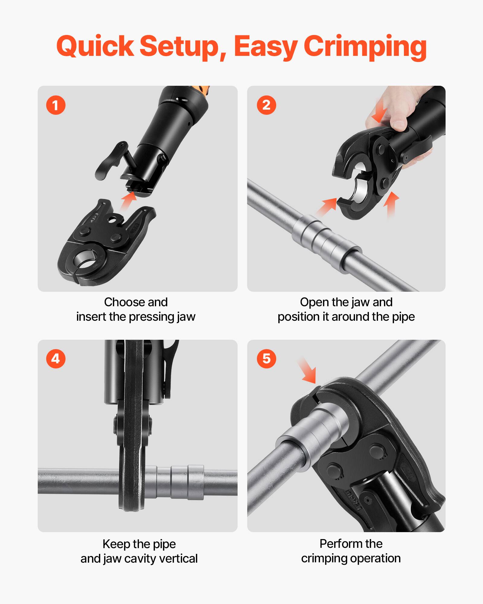 Quick Setup, Easy Crimping

1. Choose and insert the pressing jaw
2. Open the jaw and position it around the pipe
4. Keep the pipe and jaw cavity vertical
5. Perform the crimping operation