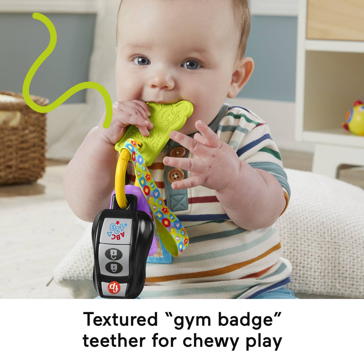 Textured "gym badge" teether for chewy play