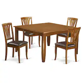 East West Furniture - 5 Pc Dining room set-Square Table with Leaf and 4 Dining Chairs - Saddle Brown