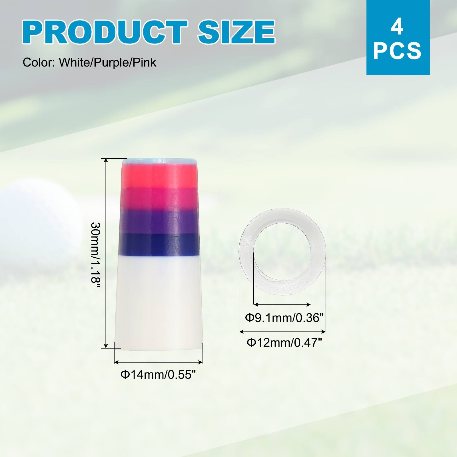 PRODUCT SIZE  
Color: White/Purple/Pink  
4 PCS  
30mm/1.18"  
9.1mm/0.36"  
12mm/0.47"  
14mm/0.55"