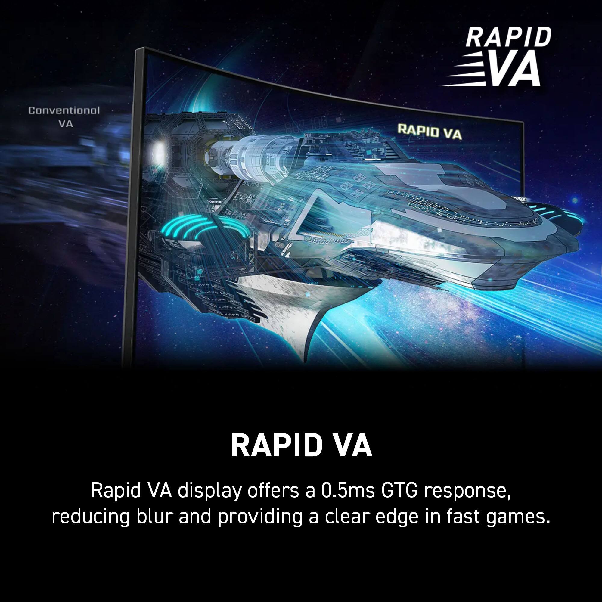 The text on the image reads: "Rapid VA display offers a 0.5ms GTG response, reducing blur and providing a clear edge in fast games."