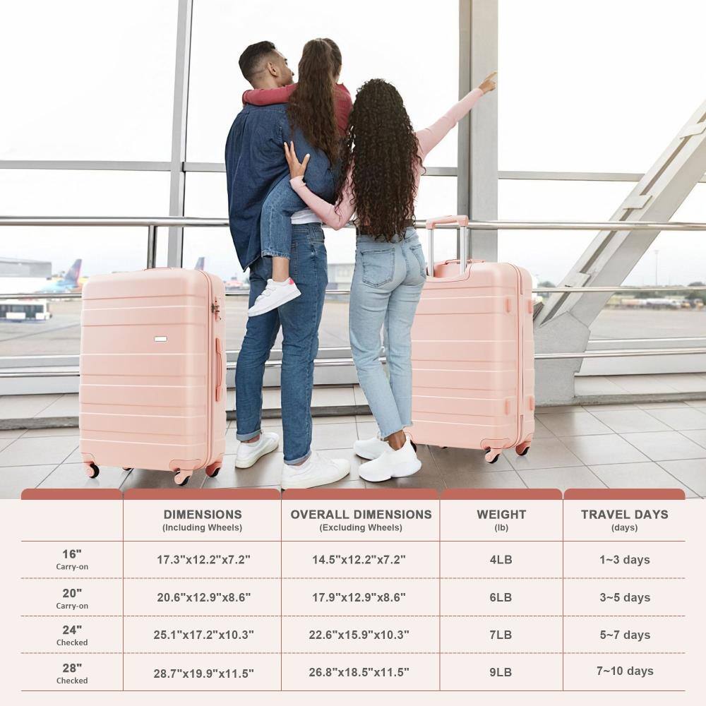 DIMENSIONS (Including Wheels) | OVERALL DIMENSIONS (Excluding Wheels) | WEIGHT (lb) | TRAVEL DAYS (days)

16" Carry-on  
17.3"x12.2"x7.2"  
14.5"x12.2"x7.2"  
4LB  
1-3 days

20" Carry-on  
20.6"x12.9"x8.6"  
17.9"x12.9"x8.6"  
6LB  
3-5 days

24" Checked  
25.1"x17.2"x10.3"  
22.6"x15.9"x10.3"  
7LB  
5-7 days

28" Checked  
28.7"x19.9"x11.5"  
26.8"x18.5"x11.5"  
9LB  
7-10 days
