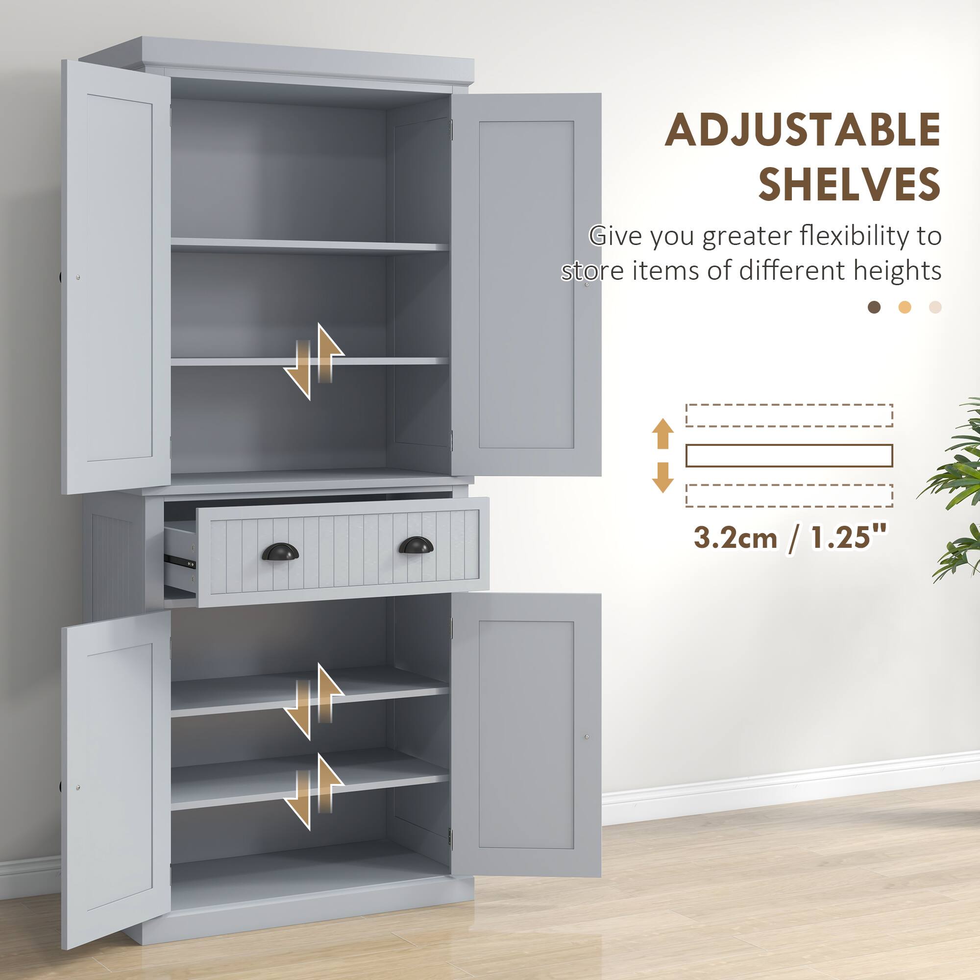ADJUSTABLE SHELVES, Give you greater flexibility to store items of different heights, 3.2cm / 1.25", 3.2cm / 1.25"
